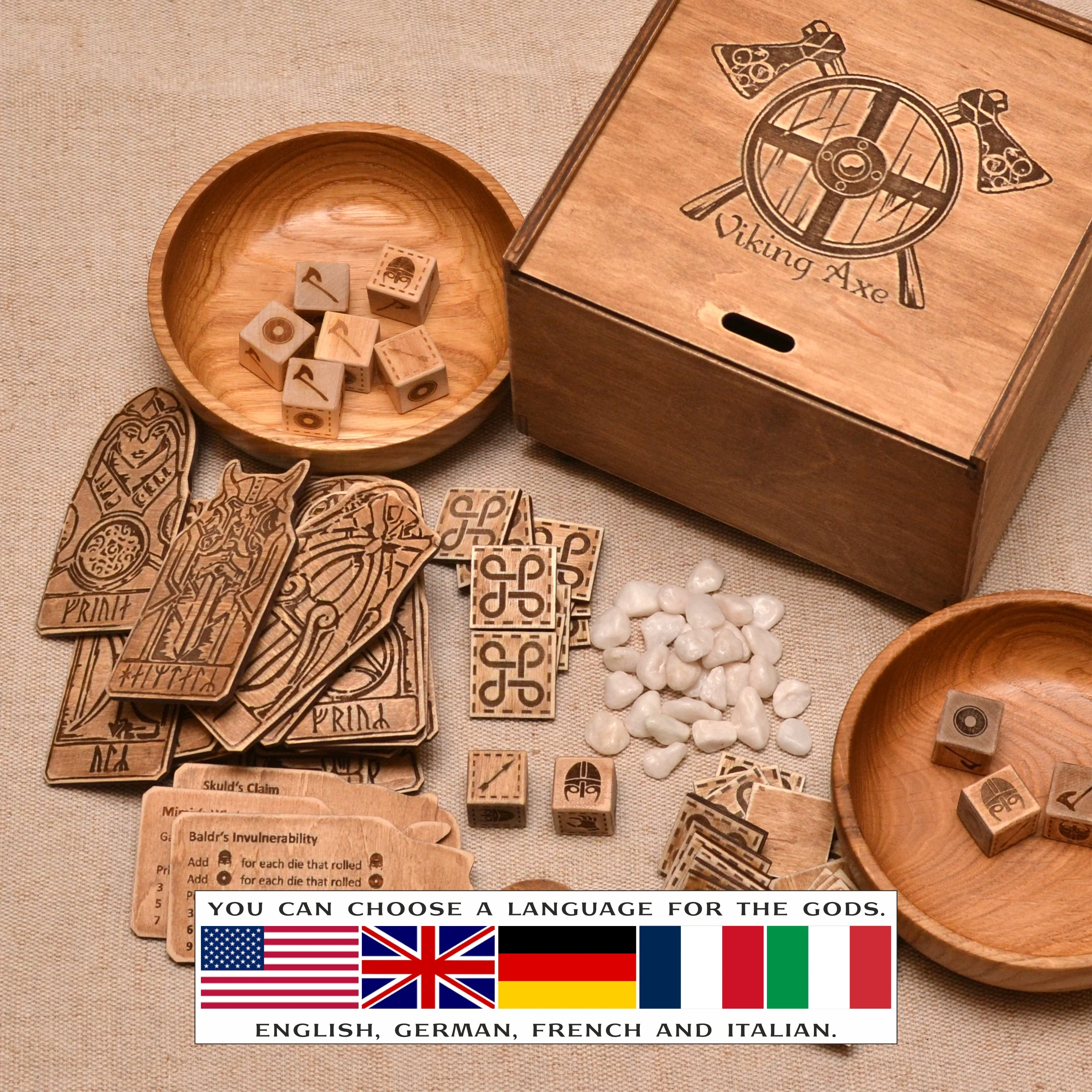 Orlog - Board Game for 2 Players (20 Gods, 15x2 tokens, 15x2 stones, 6x2 Dice, 2 wooden plate , 1 wooden box)