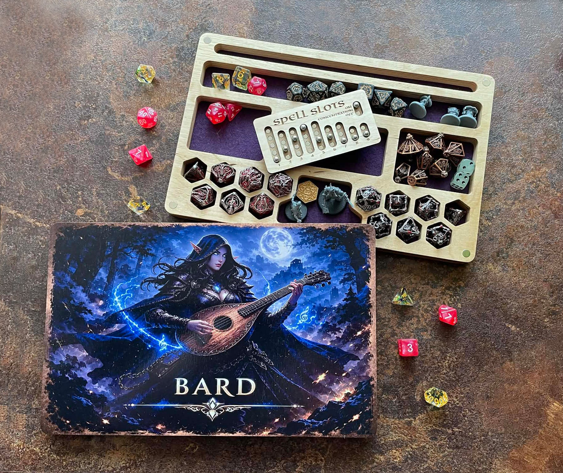 Handcrafted Wooden Dice Box: D&D Organizer with Magnetic Spell Tracker