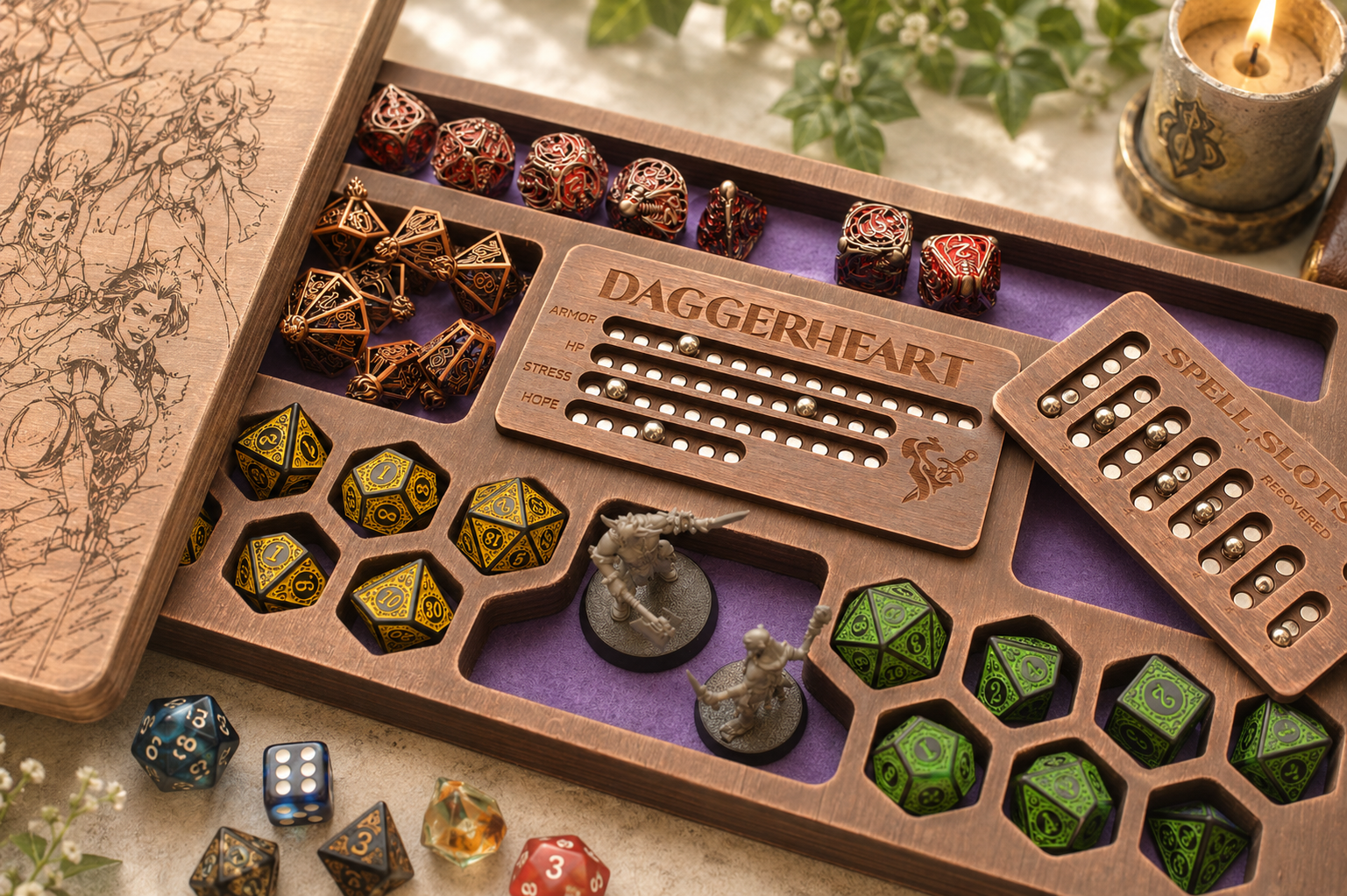 Daggerheart dice tray with organized storage, magnetic fear tracker.