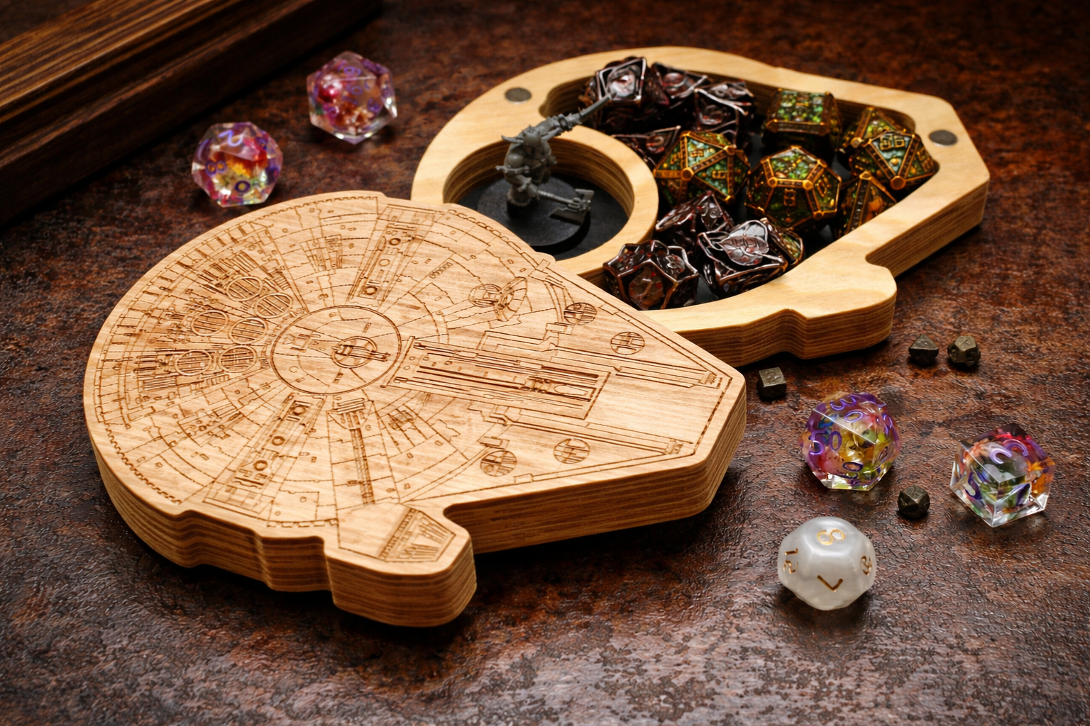 Star Ship Wood Dice Box Set: Custom Engraved Storage Tray