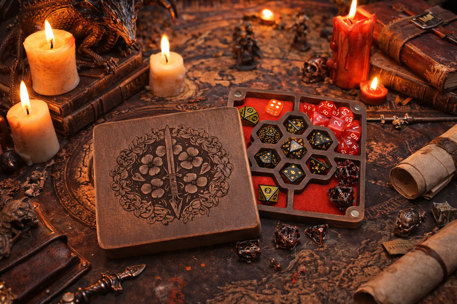 Customized Dnd dice box of wood for multiple sets, 5 sections dice storage