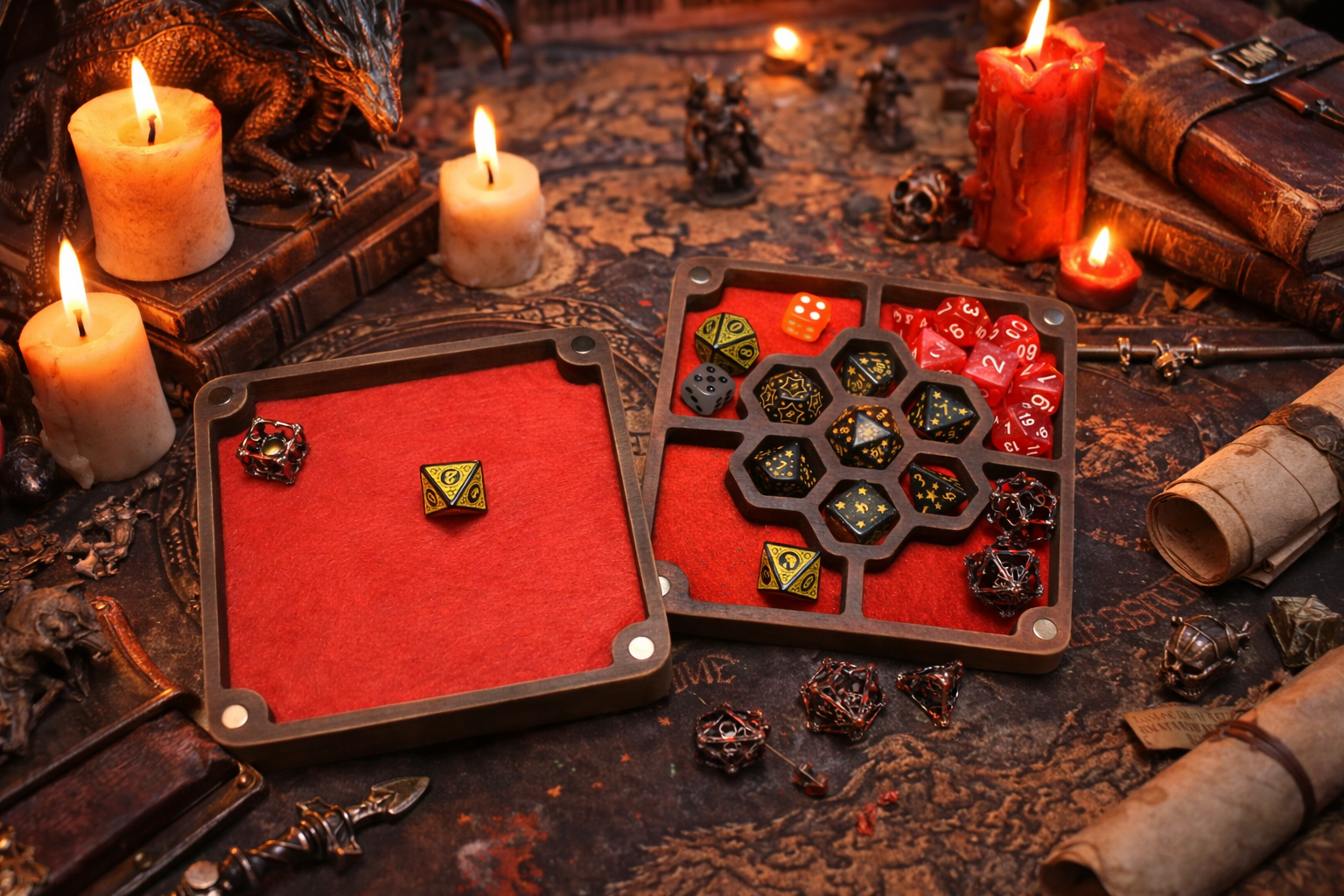 Customized Dnd dice box of wood for multiple sets, 5 sections dice storage