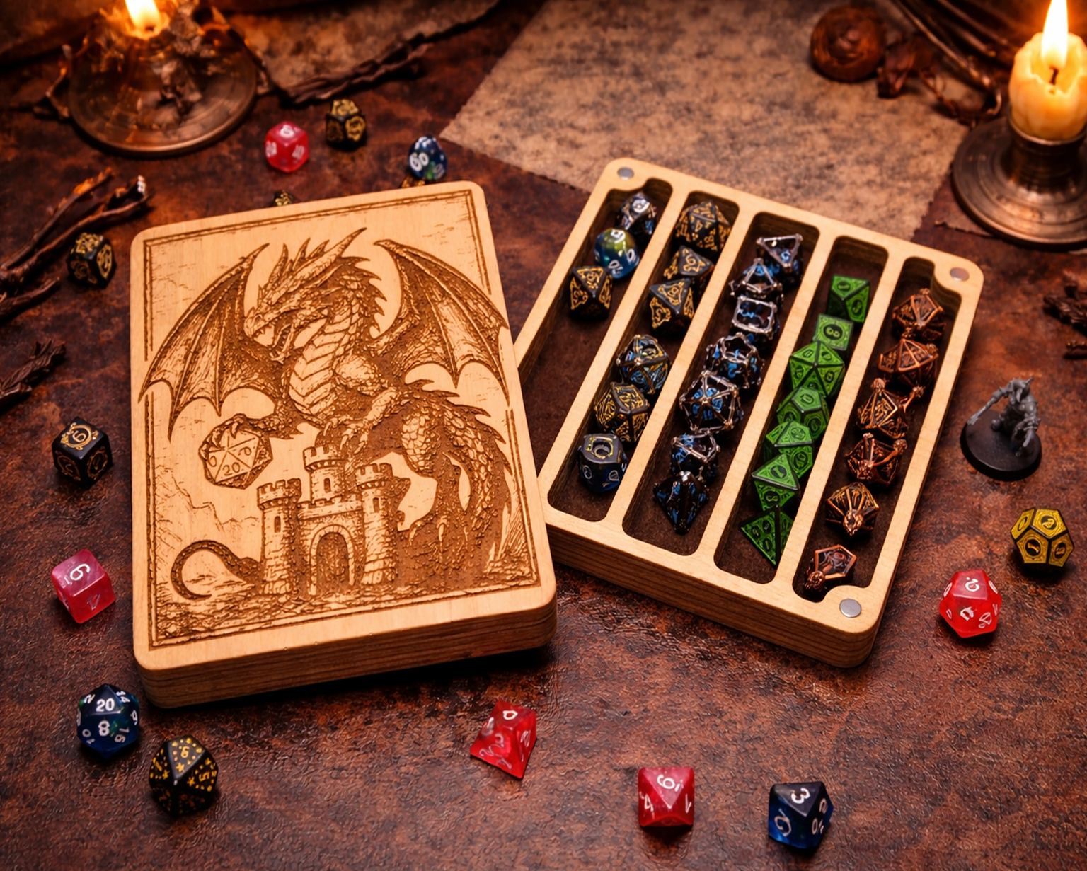 Handmade Wood Dice Box Set | Dragon Engraved Lid | Dungeons & Dragons Dice Storage