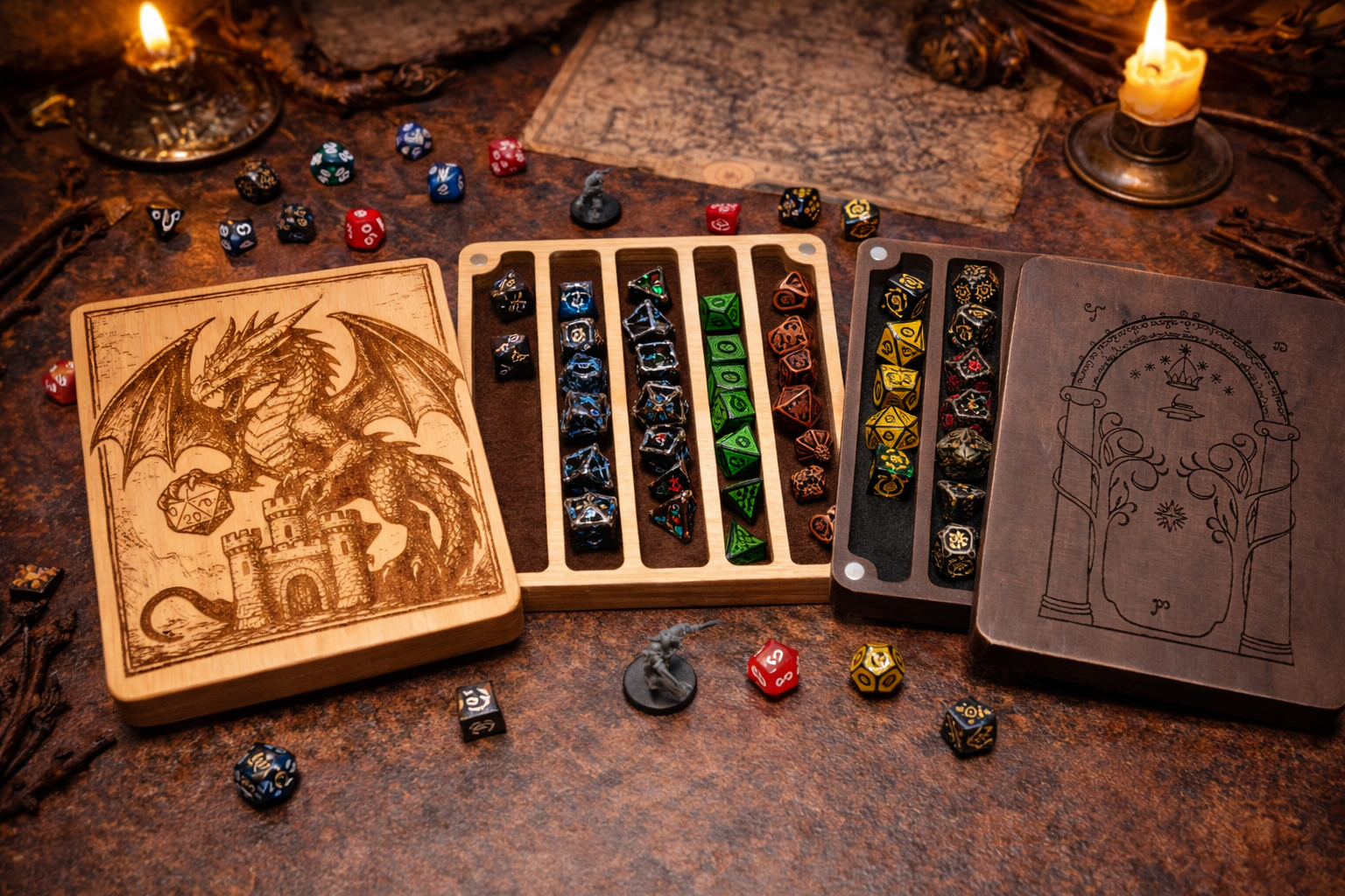 Handmade Wood Dice Box Set | Dragon Engraved Lid | Dungeons & Dragons Dice Storage