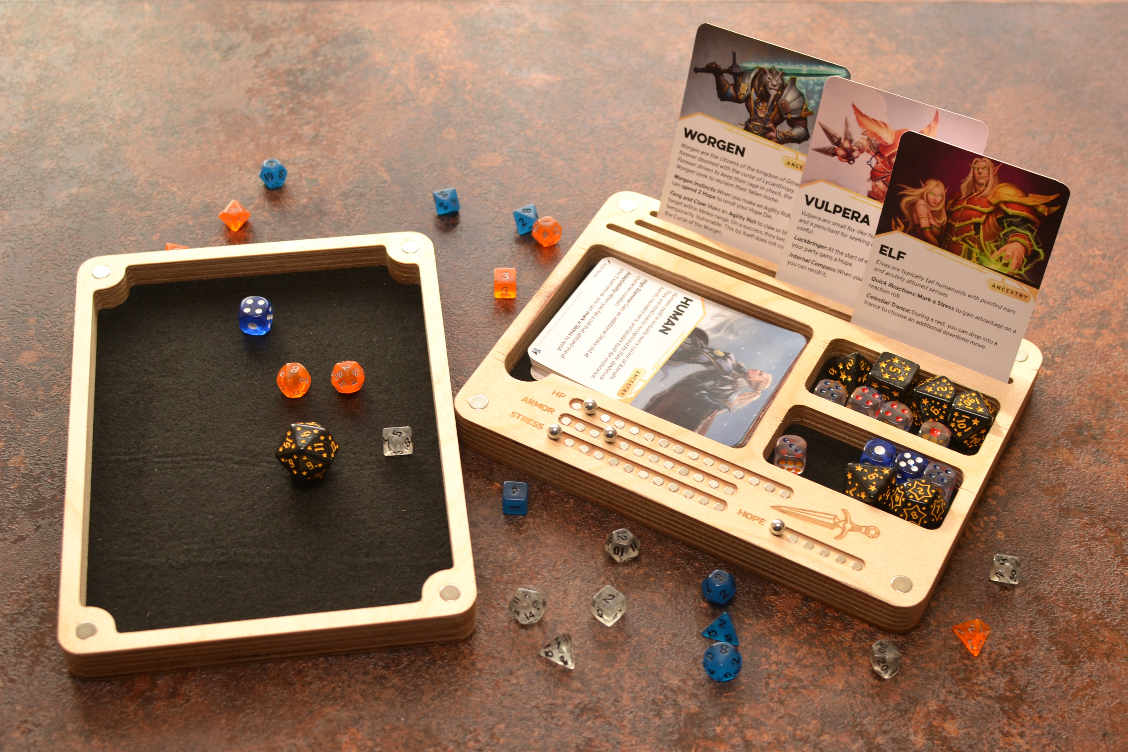 Handmade Daggerheart Dice Tray: Magnetic Tracker, Customizable card box.