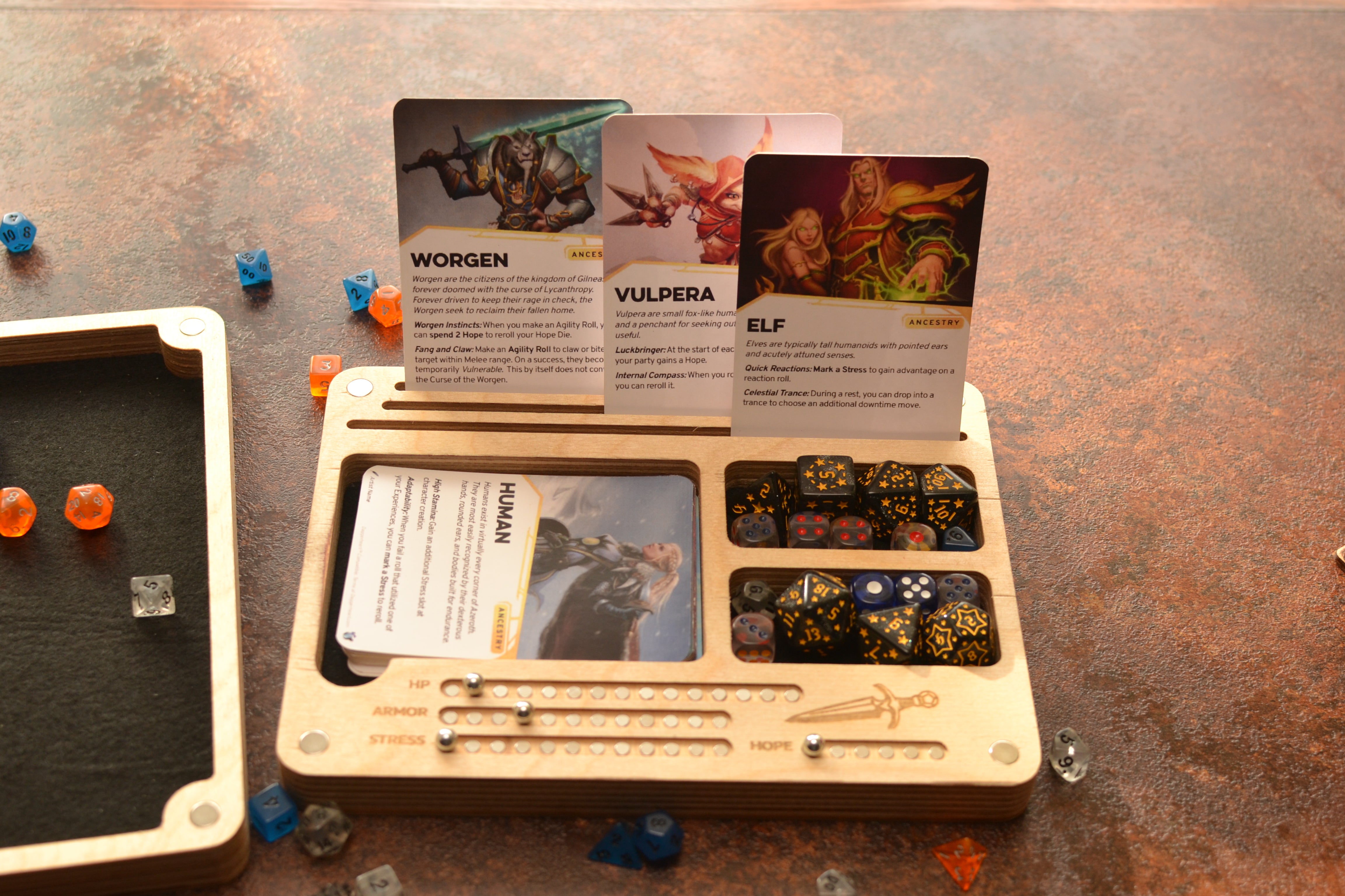Handmade Daggerheart Dice Tray: Magnetic Tracker, Customizable card box.