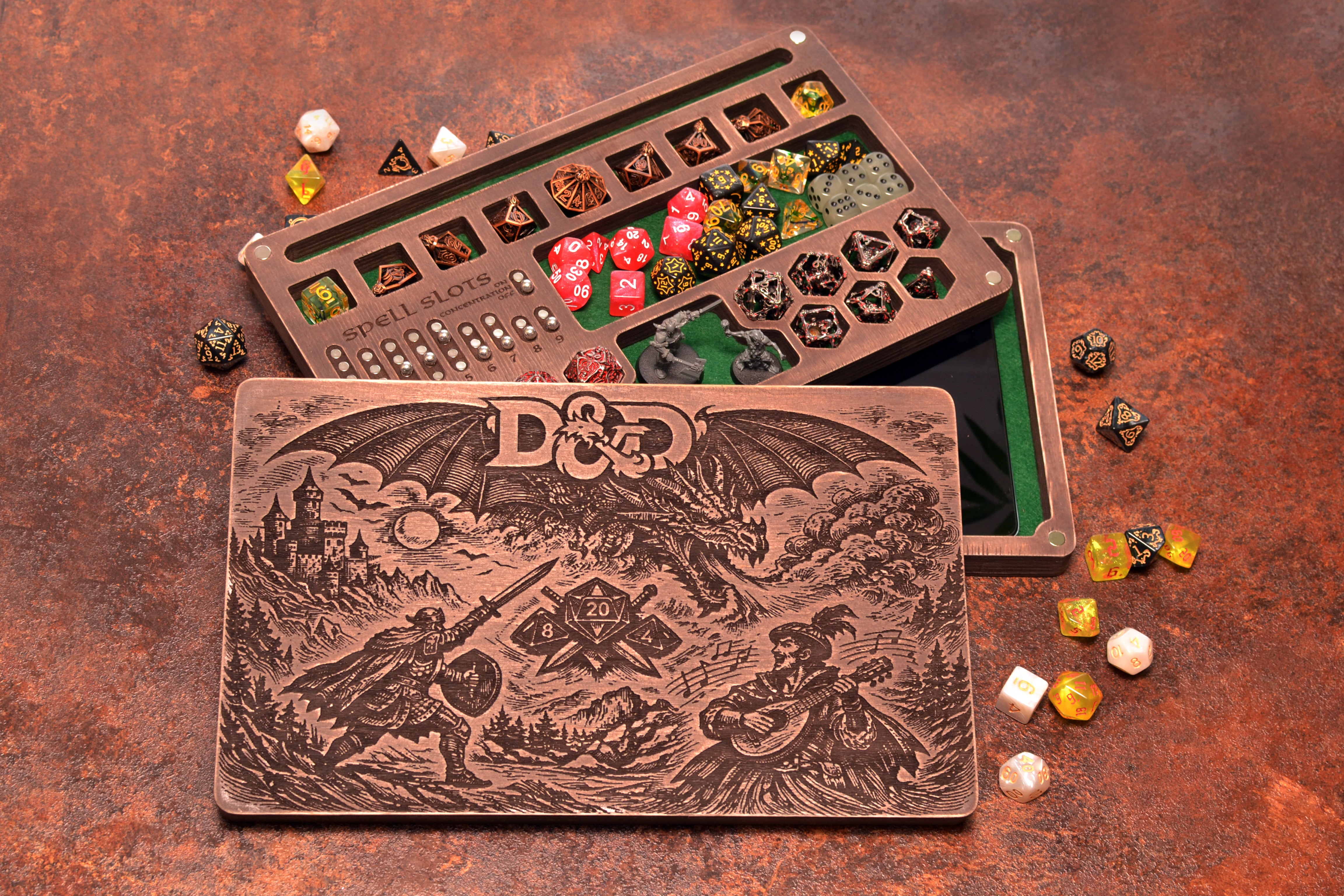 Personalized DnD Dice Box with Magnetic Spell Tracker, Custom dice vault