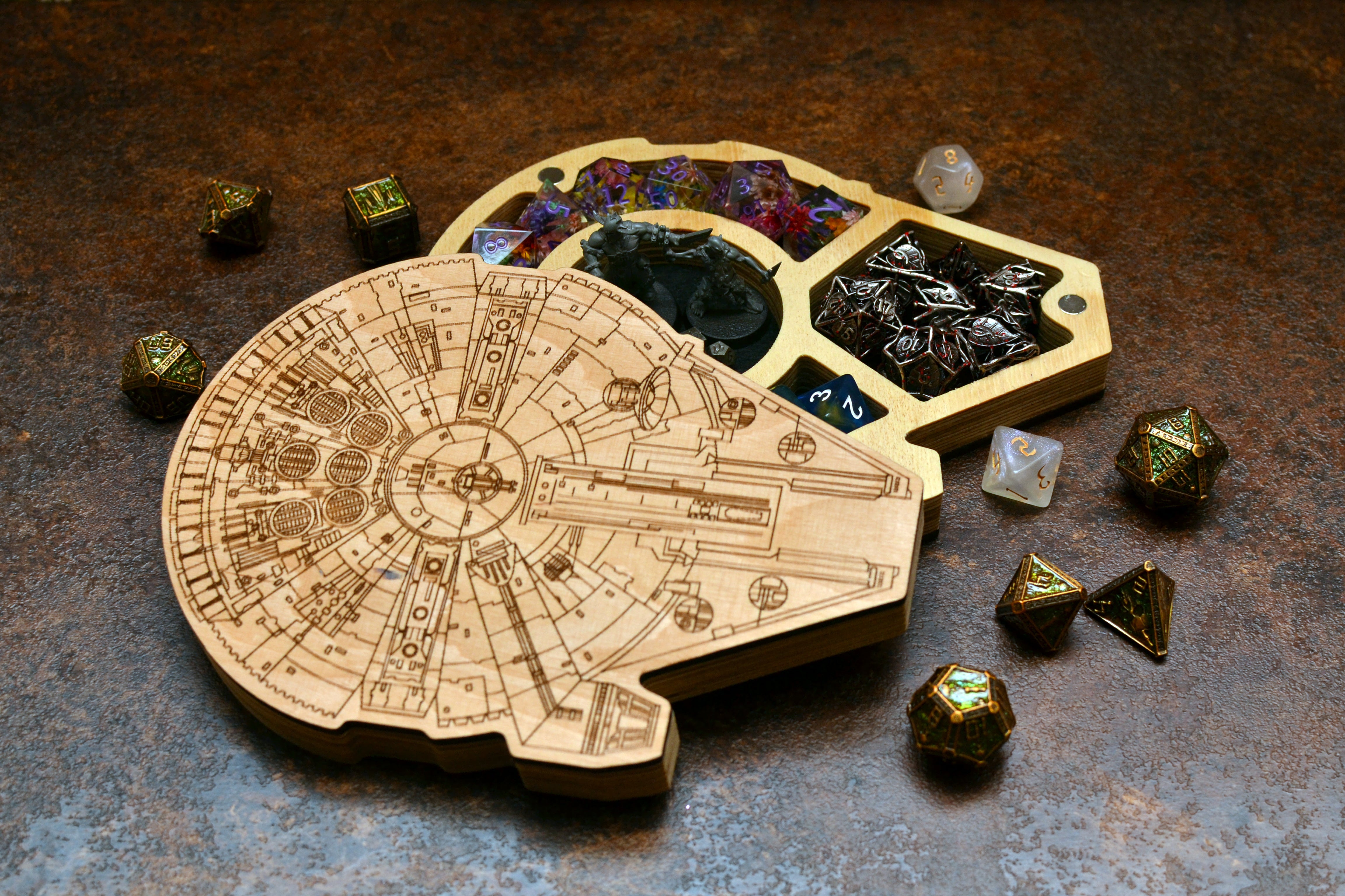 Star Ship Wood Dice Box Set: Custom Engraved Storage Tray