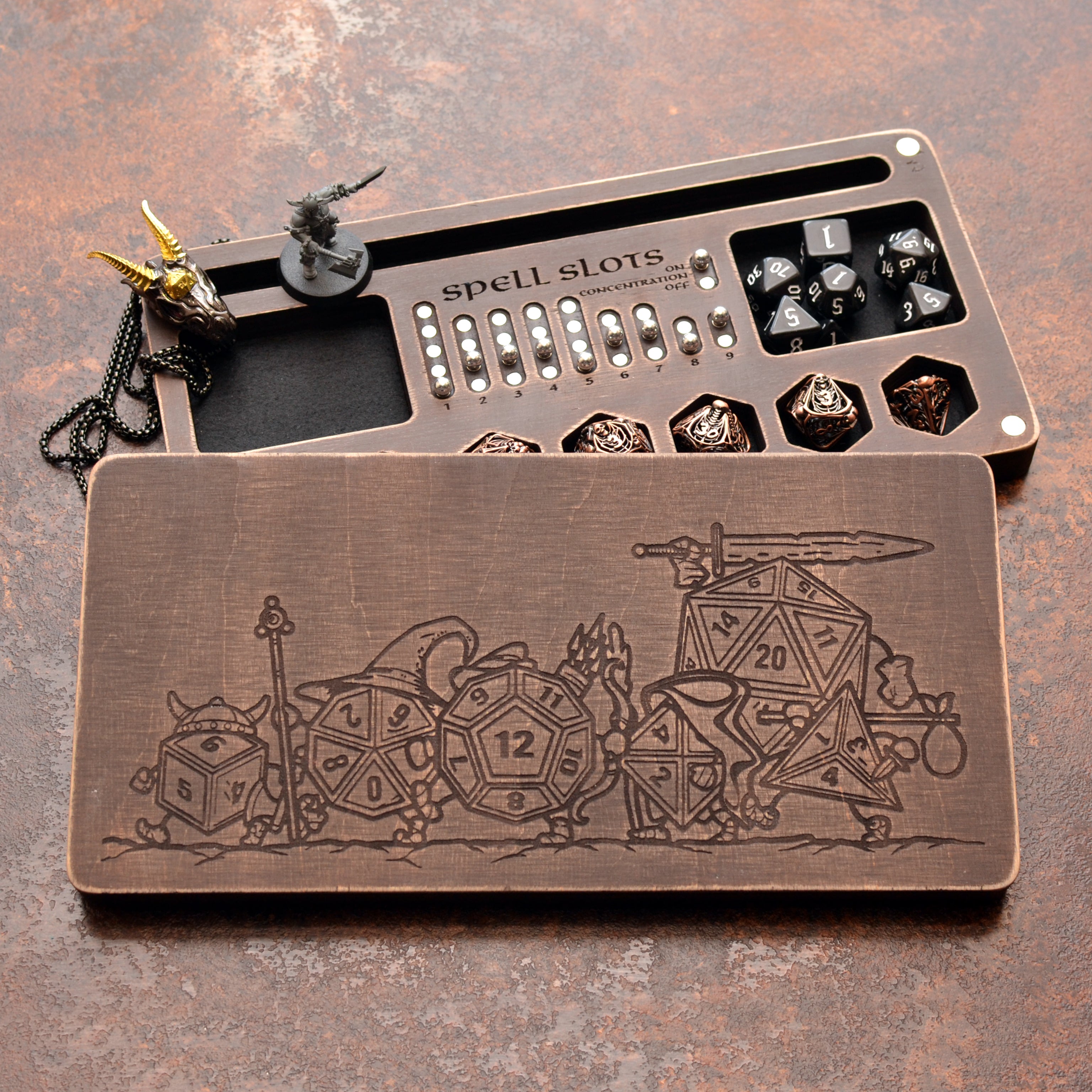 Personalized Wooden Dice Box with Magnetic Spell Slot Tracker for DnD