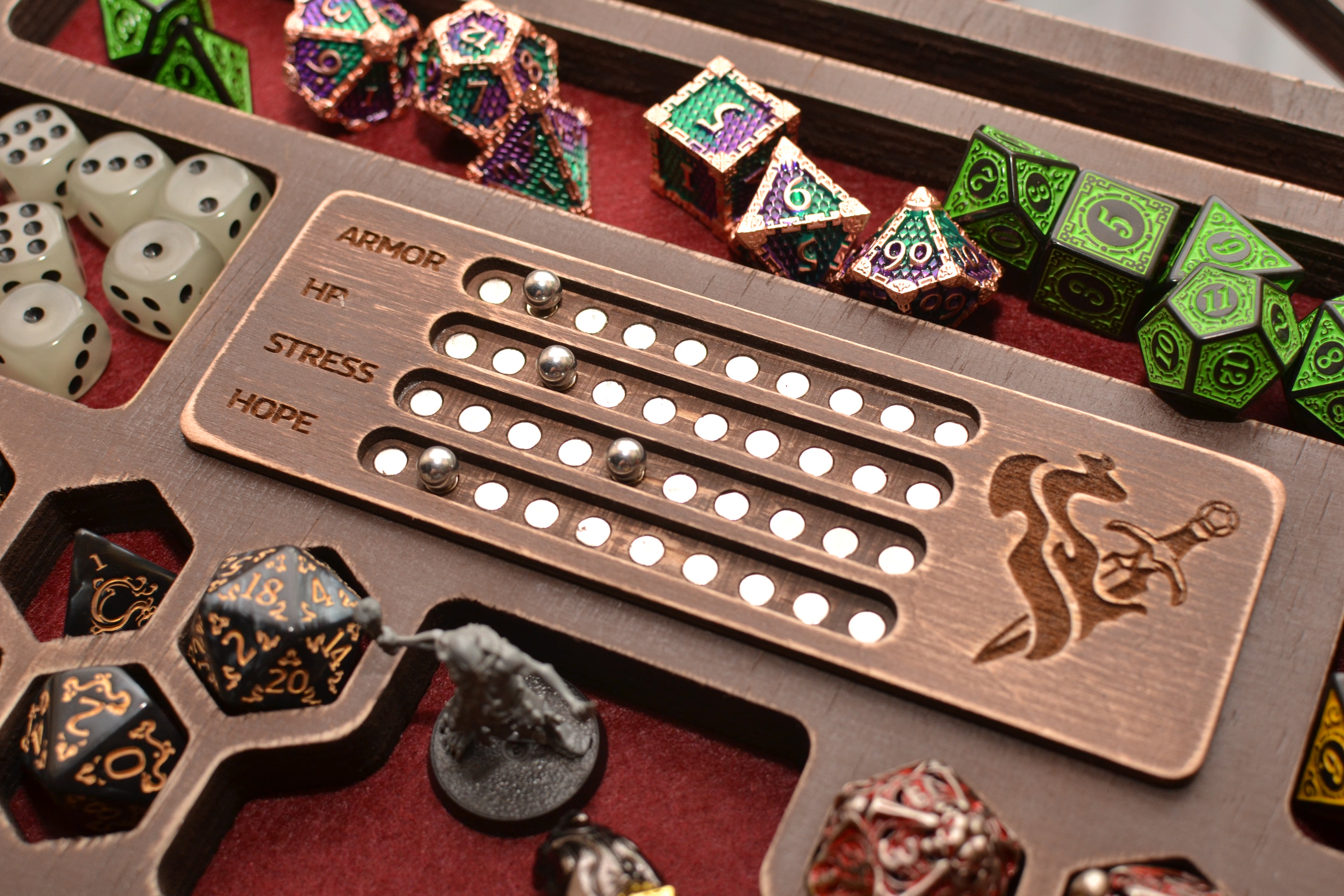 Daggerheart dice tray with organized storage, magnetic fear tracker with tablet slot