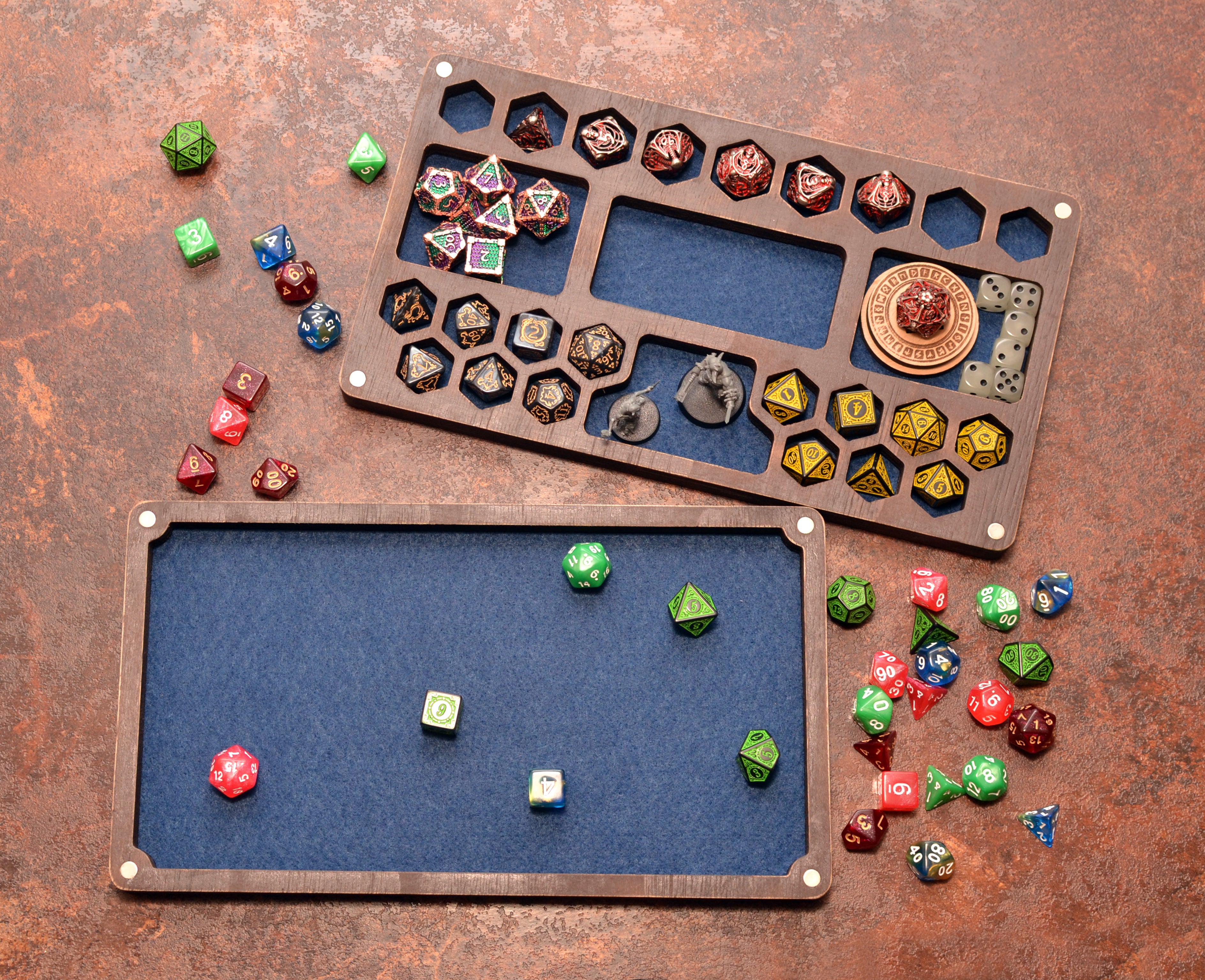 Personalized dice box with magnetic spell slot tracker. Dice box and tray.