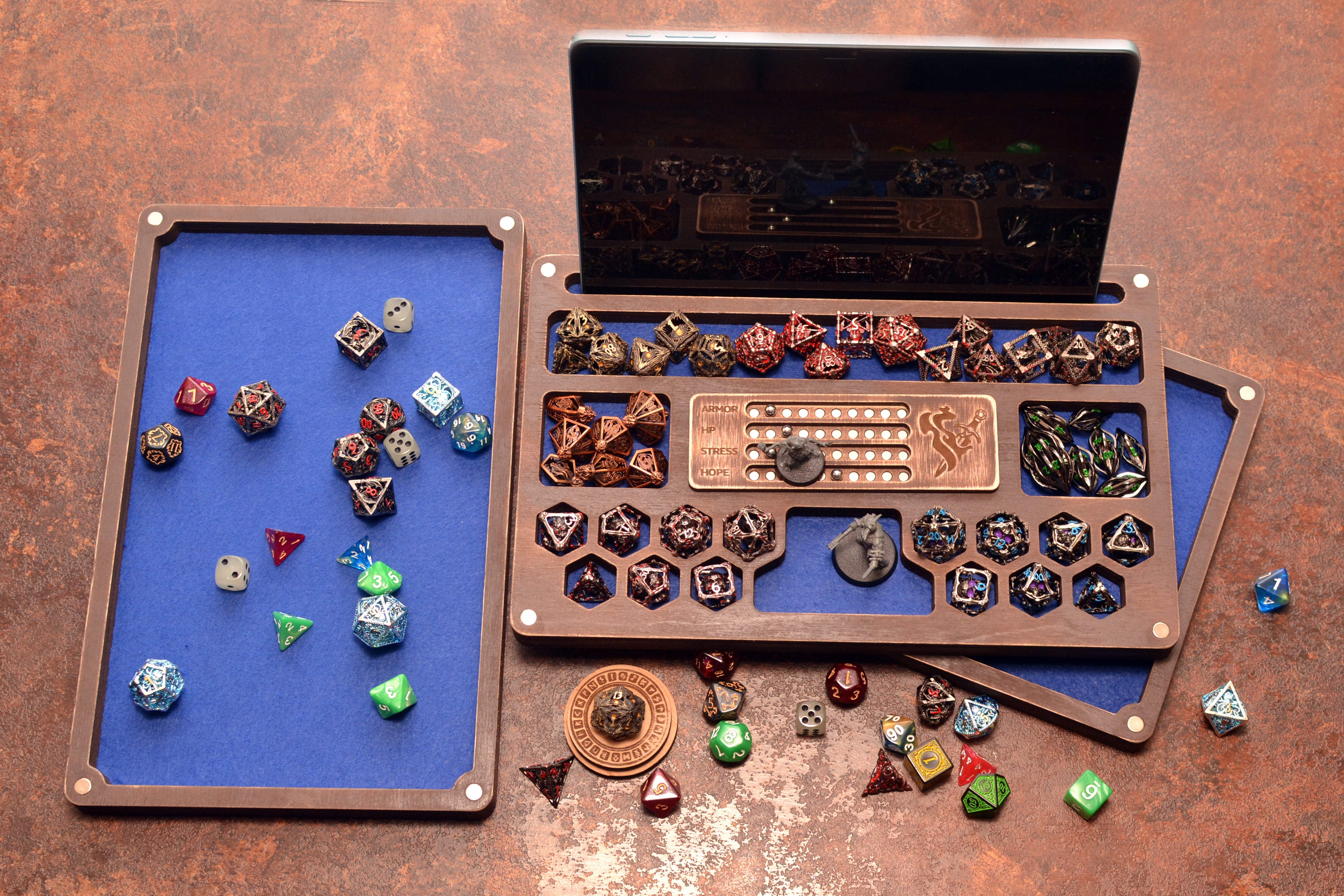 Daggerheart dice tray with organized storage, magnetic fear tracker with tablet slot