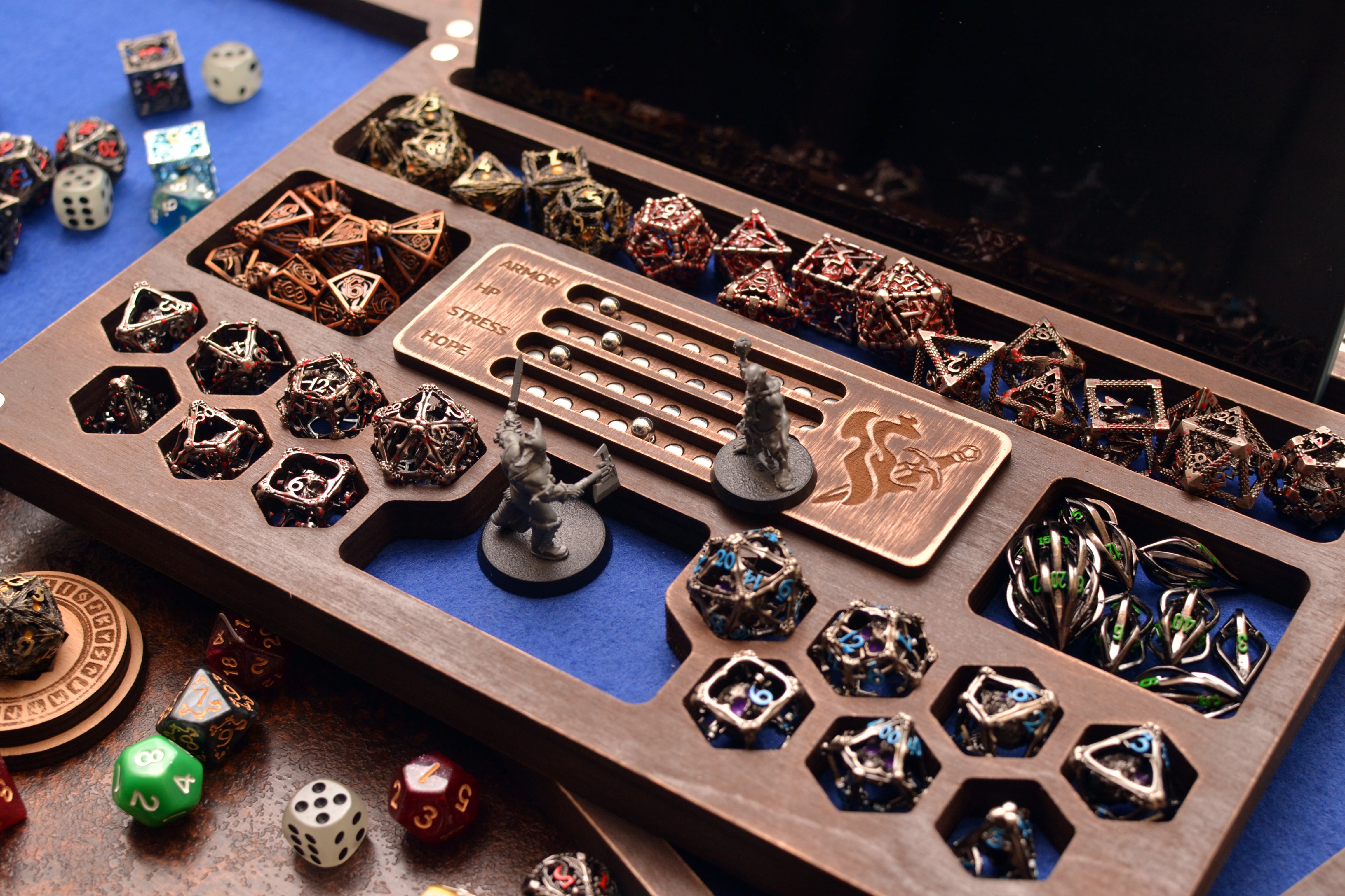 Daggerheart dice tray with organized storage, magnetic fear tracker with tablet slot