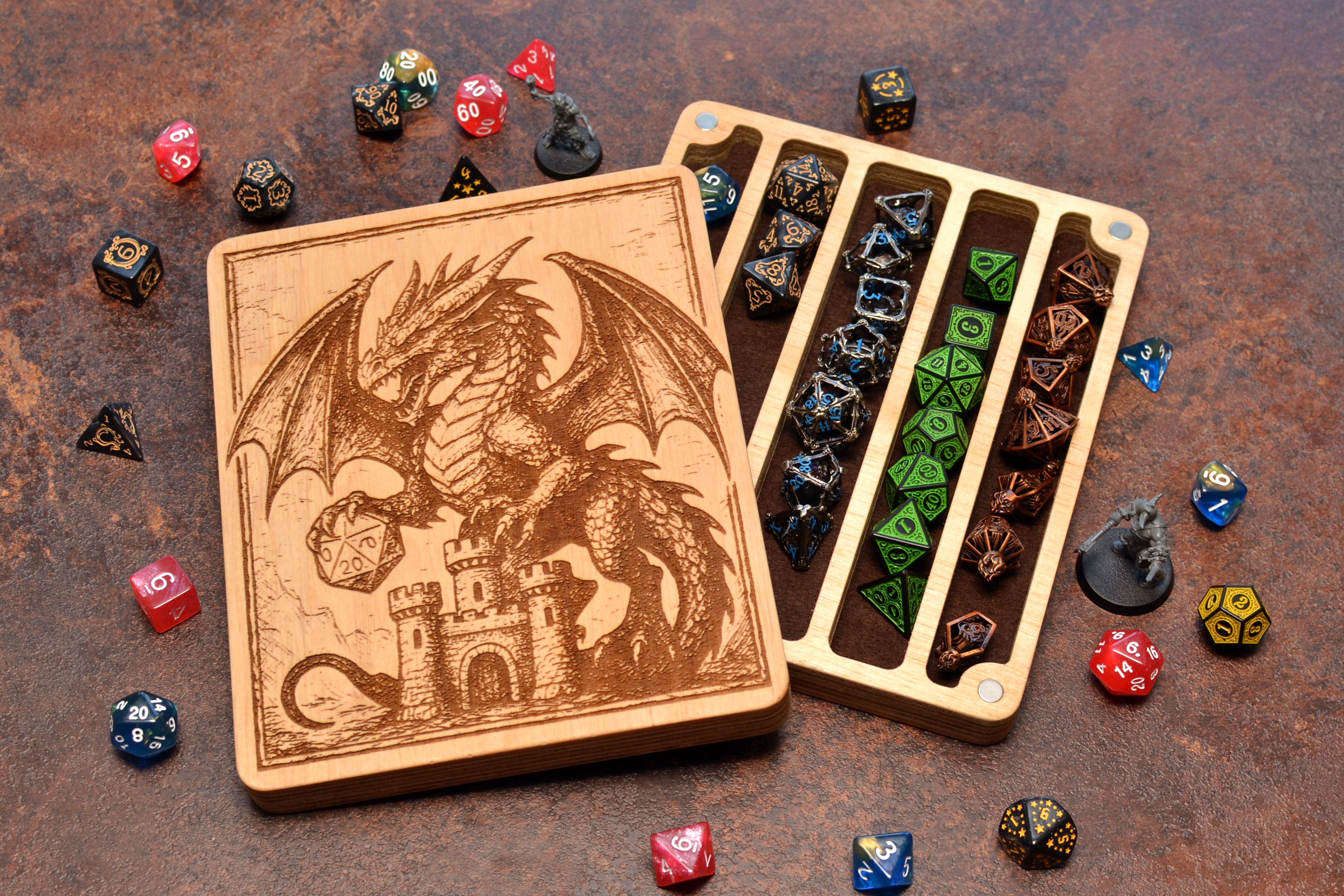 Handmade Wood Dice Box Set | Dragon Engraved Lid | Dungeons & Dragons Dice Storage