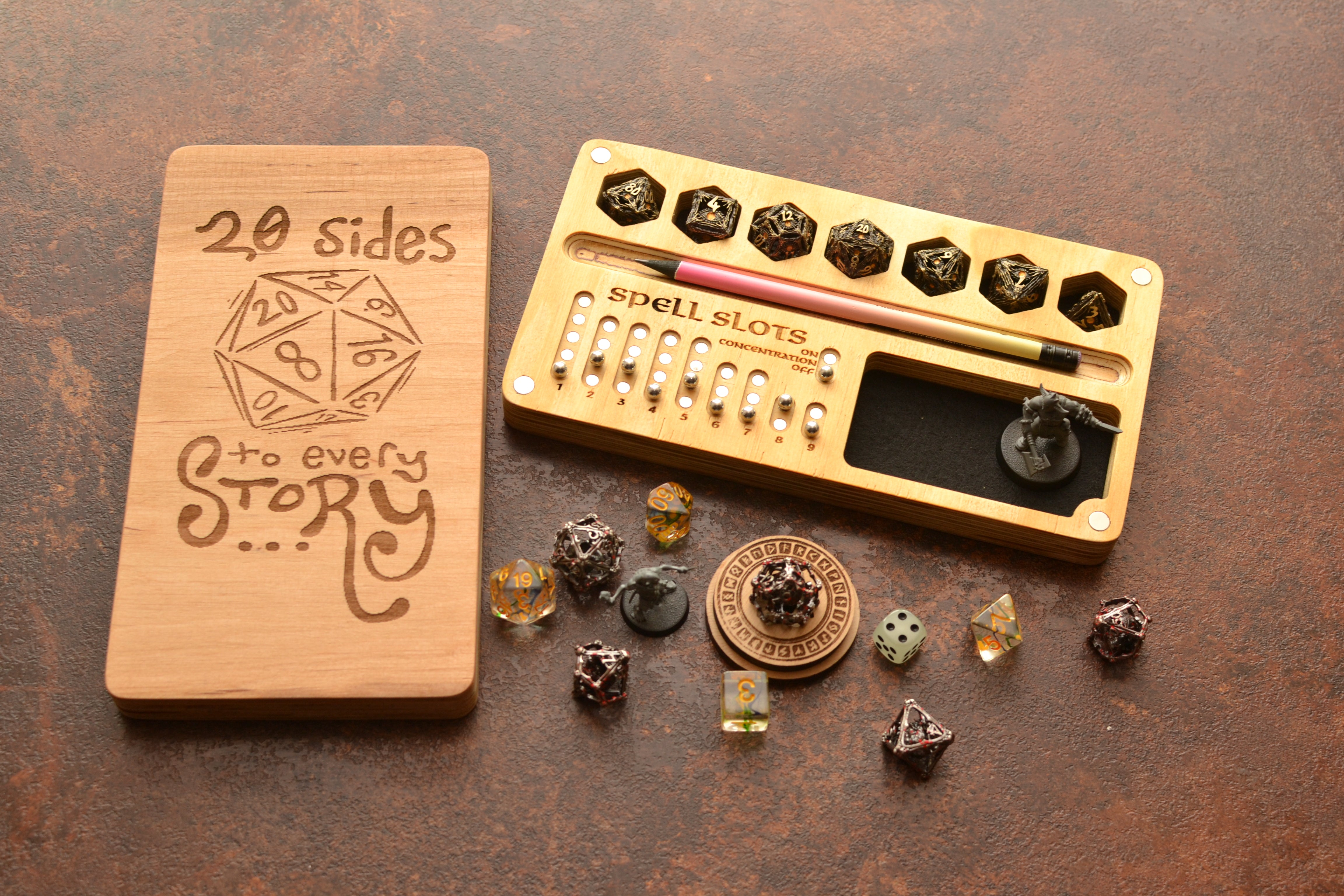 Handcrafted dice box with magnetic spell slot tracker and premium dice storage.