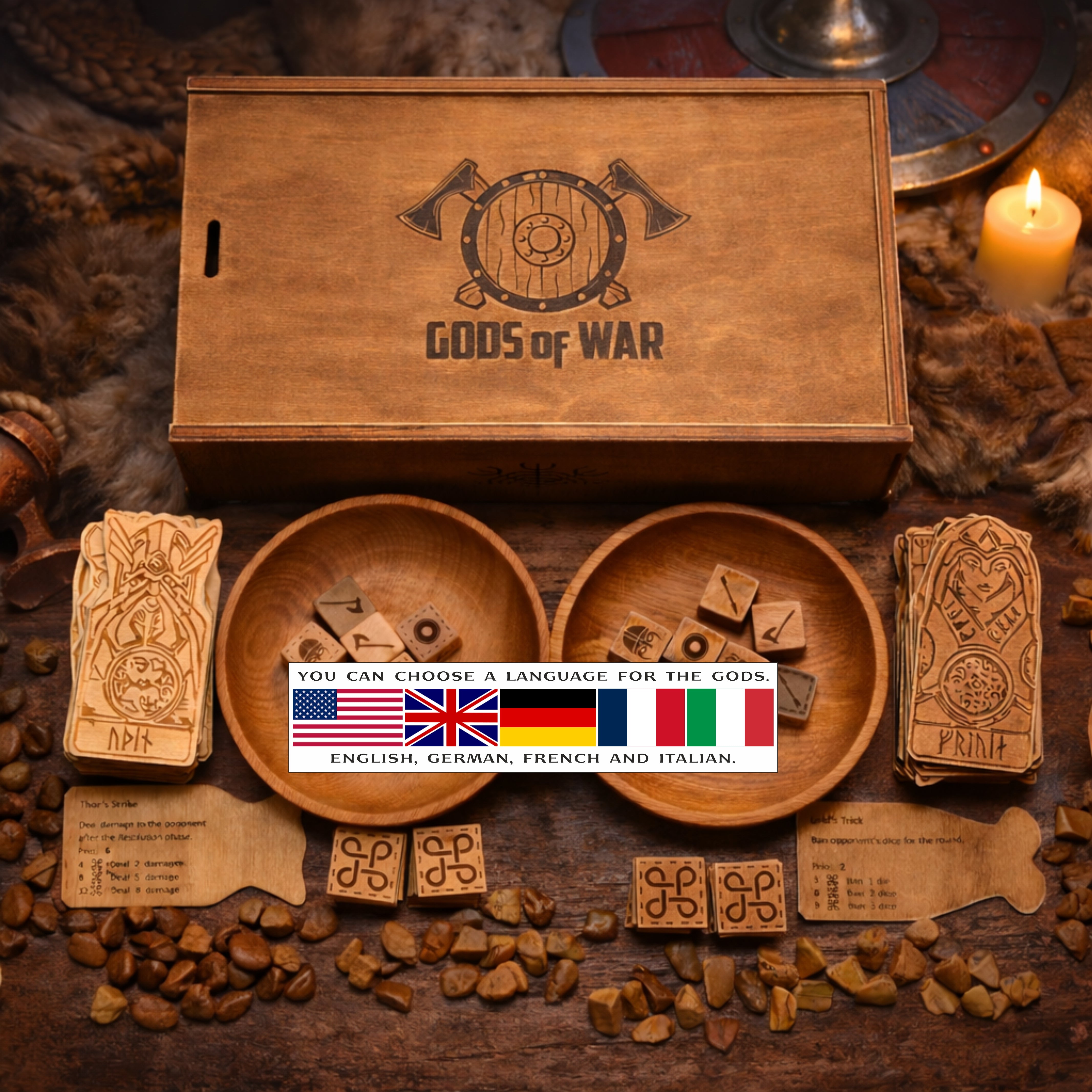 ORLOG - Complete Viking-style Game (40 Gods, 40 tokens, 40 stones, 6x2 Dice, 2 wooden plate, wooden box) Christmas gift.