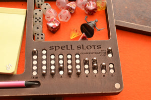 Dungeons and Dragons. D&D Dice Tray and Dice Holder - Wooden Tablet Box with Magnetic Spell Slot Tracker.