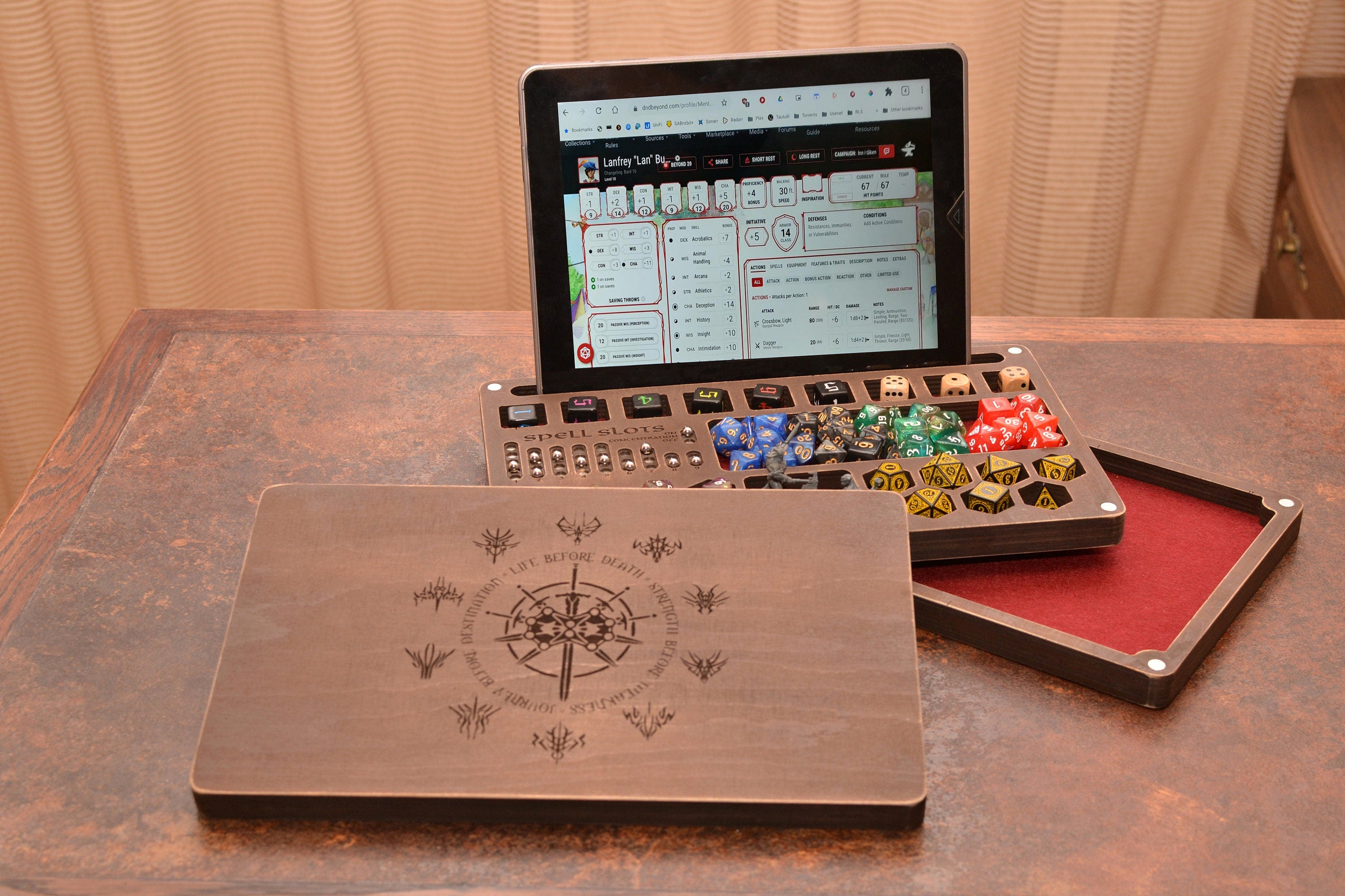 Dungeons and Dragons. DnD box and tray. Personalized dice box. Tablet box + Magnetic Spell Slot Tracker. Dice holder.