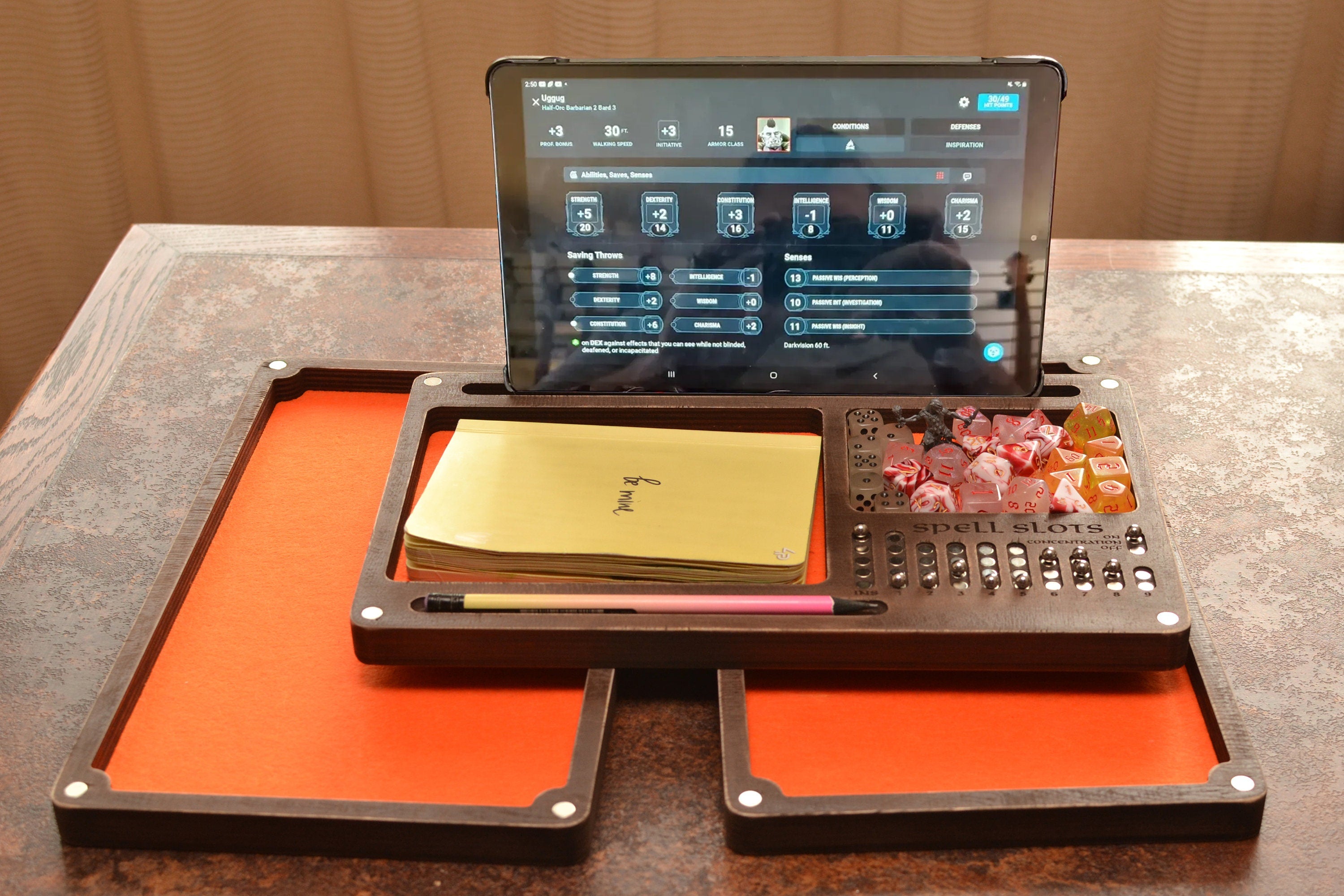 Dungeons and Dragons. D&D Dice Tray and Dice Holder - Wooden Tablet Box with Magnetic Spell Slot Tracker.