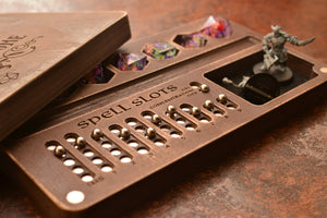 Dungeons and Dragons. Personalized Box. Dice Dox. Dice Tray. Separate cells for expensive or metal stones. Magnetic Spell Slot Tracker.