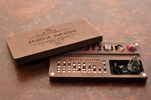 Dungeons and Dragons. Personalized Box. Dice Dox. Dice Tray. Separate cells for expensive or metal stones. Magnetic Spell Slot Tracker.