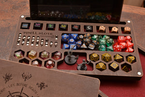 Dungeons and Dragons. DnD box and tray. Personalized dice box. Tablet box + Magnetic Spell Slot Tracker. Dice holder.