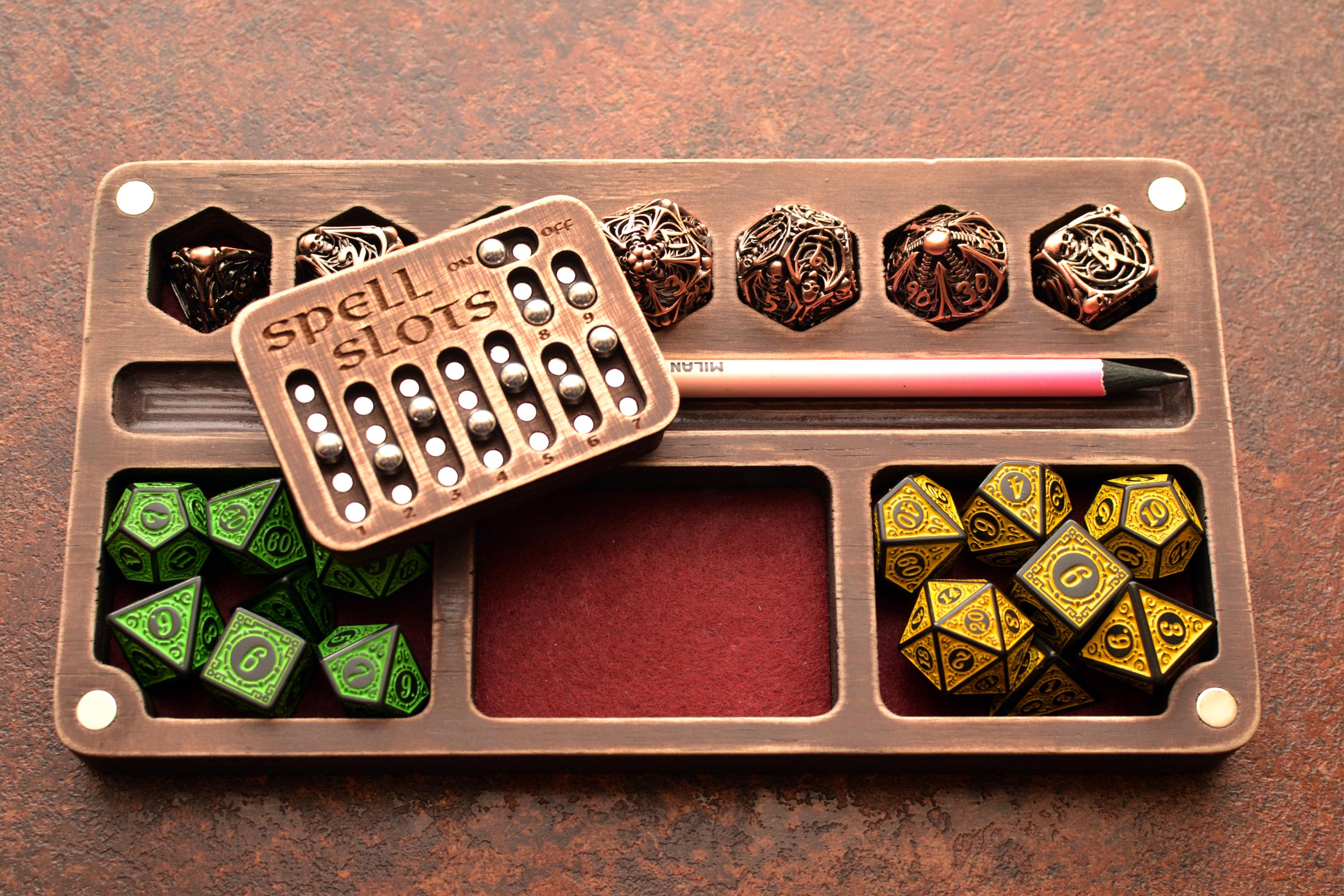 Dungeons and Dragons. DnD Dice Box . Wood Dice Storage. Separate cells for expensive or metal stones. Magnetic Spell Slot Tracker.