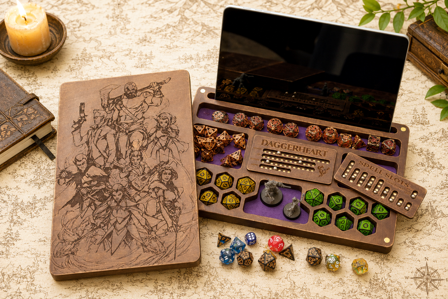 Daggerheart dice tray with organized storage, magnetic fear tracker.