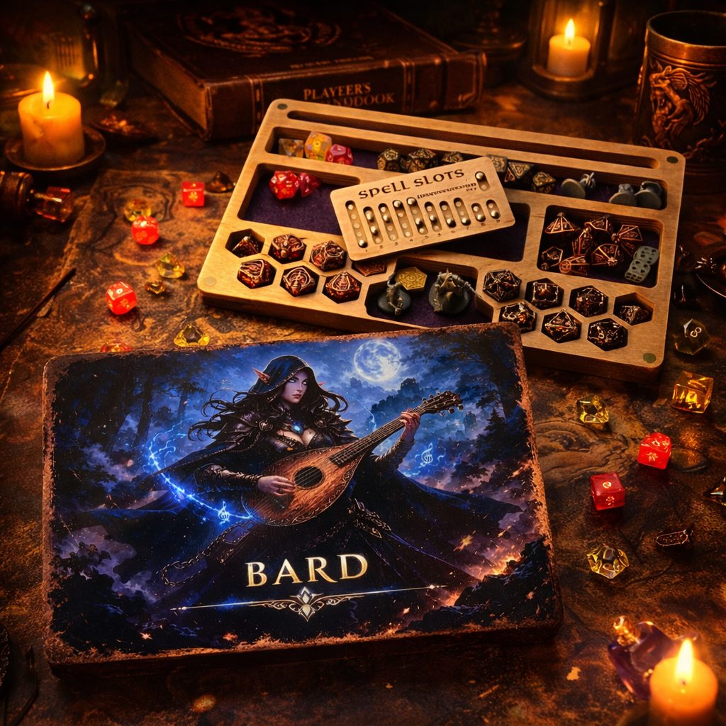 Handcrafted Wooden Dice Box: D&D Organizer with Magnetic Spell Tracker