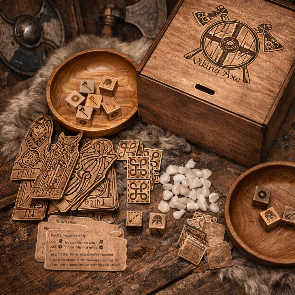 Orlog - Board Game for 2 Players (20 Gods, 15x2 tokens, 15x2 stones, 6x2 Dice,  2 wooden plate , 1 wooden box)