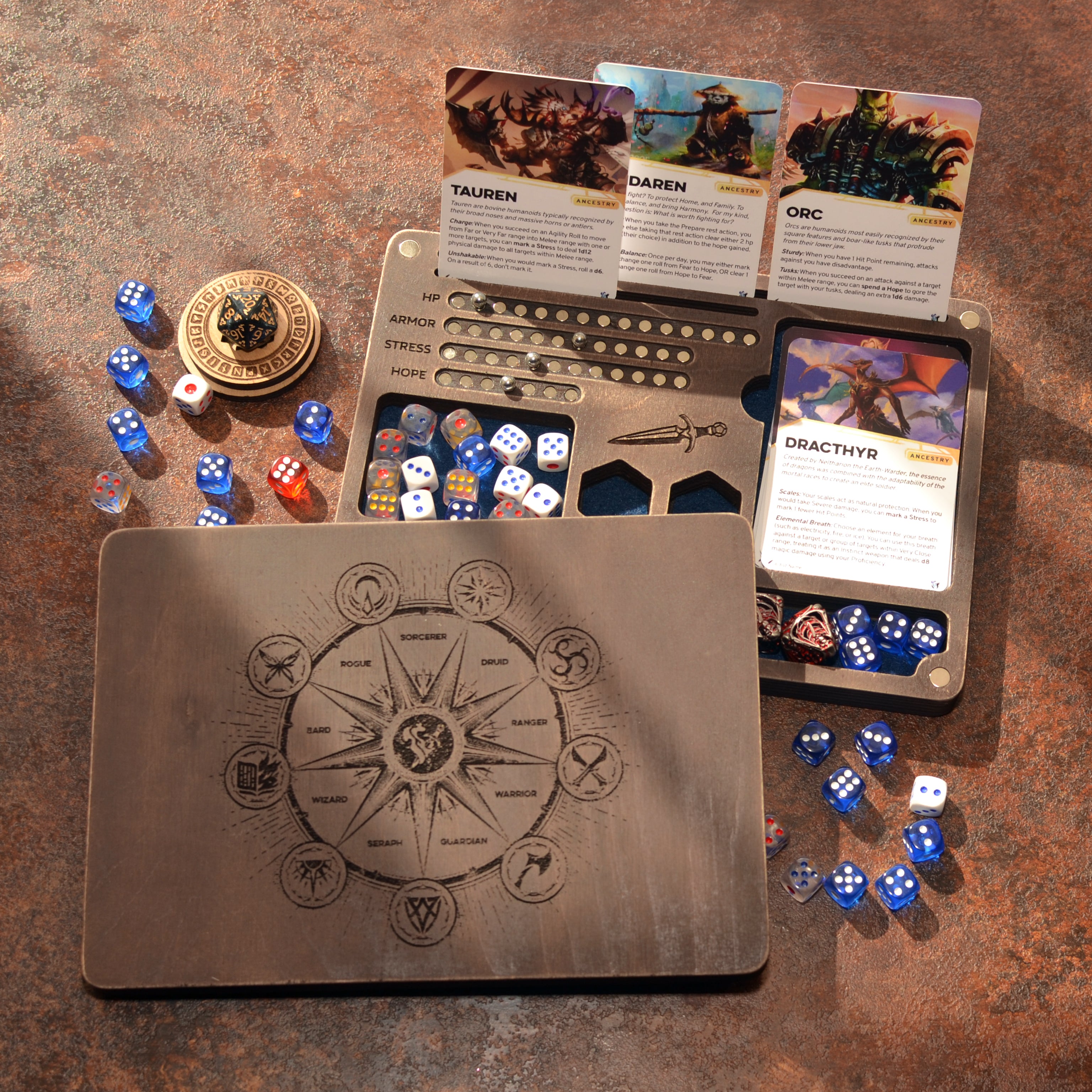 Handmade Daggerheart tray & Storage with built-in magnetic RPG tracker, Dnd accessories for Dungeon masters