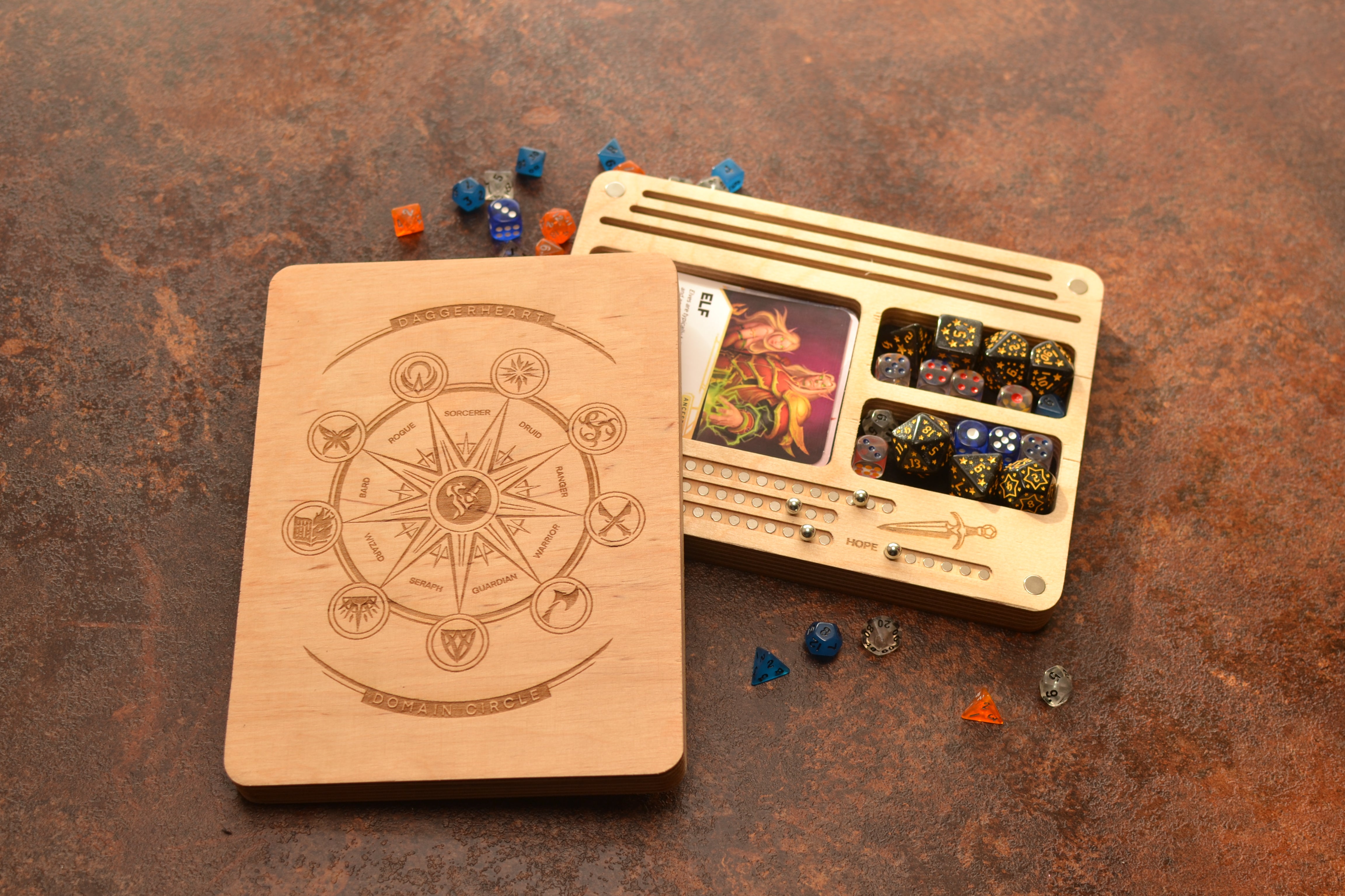 Handmade Daggerheart Dice Tray: Magnetic Tracker, Customizable card box.
