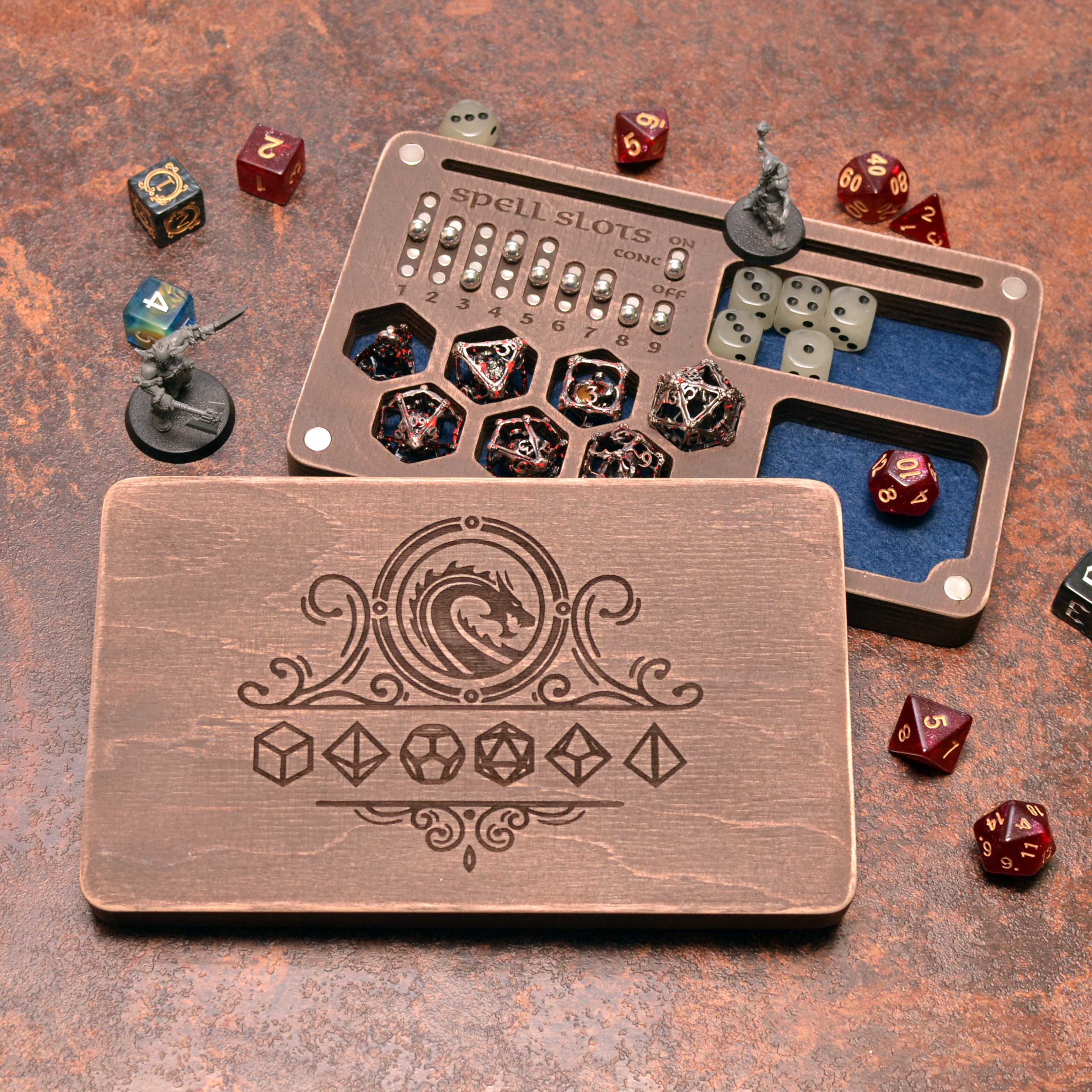 Handcrafted dice box with magnetic spell slot tracker and premium dice storage.
