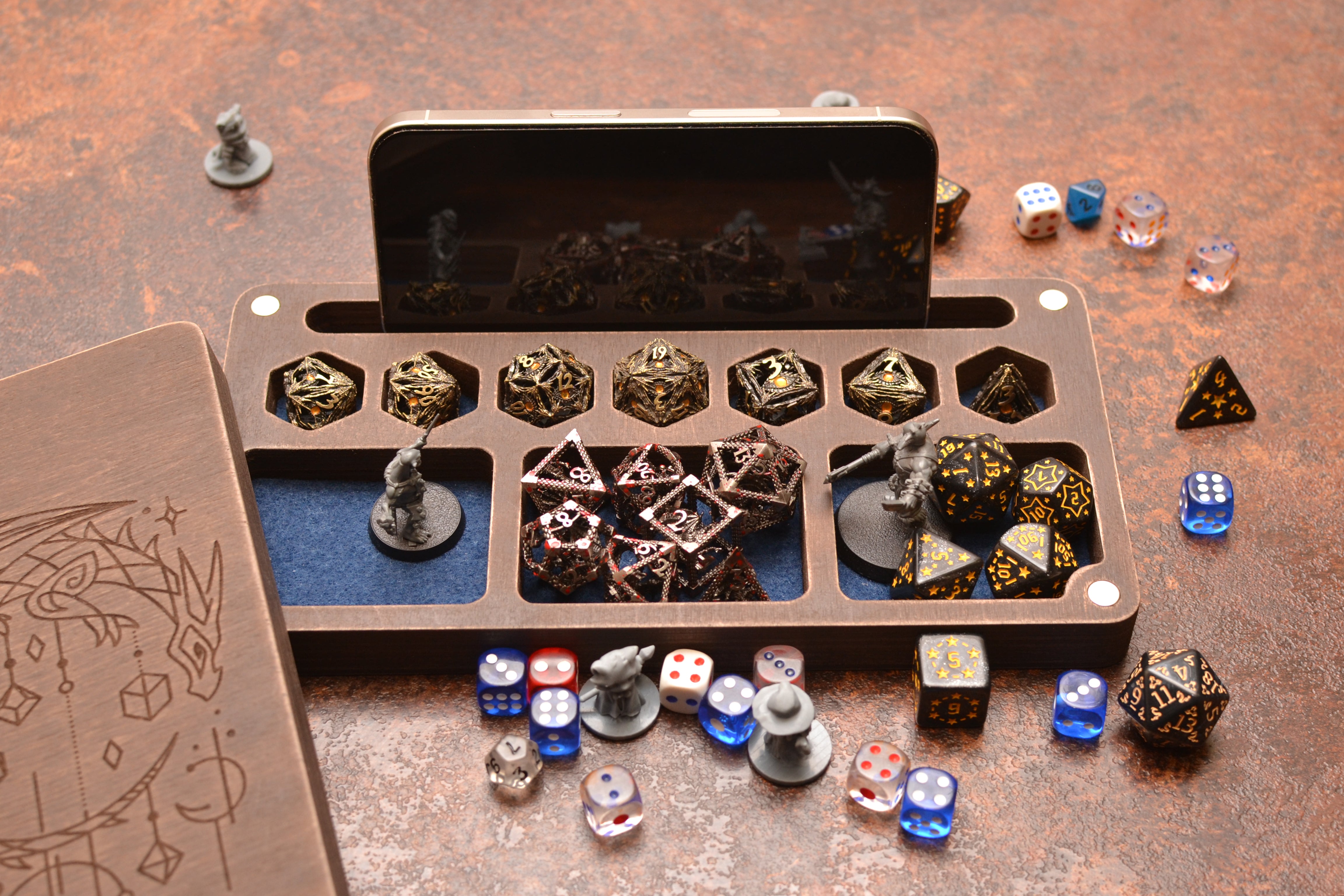 Handmade Wood Dice Box: Dungeons and Dragons Storage with Magnetic Tracker
