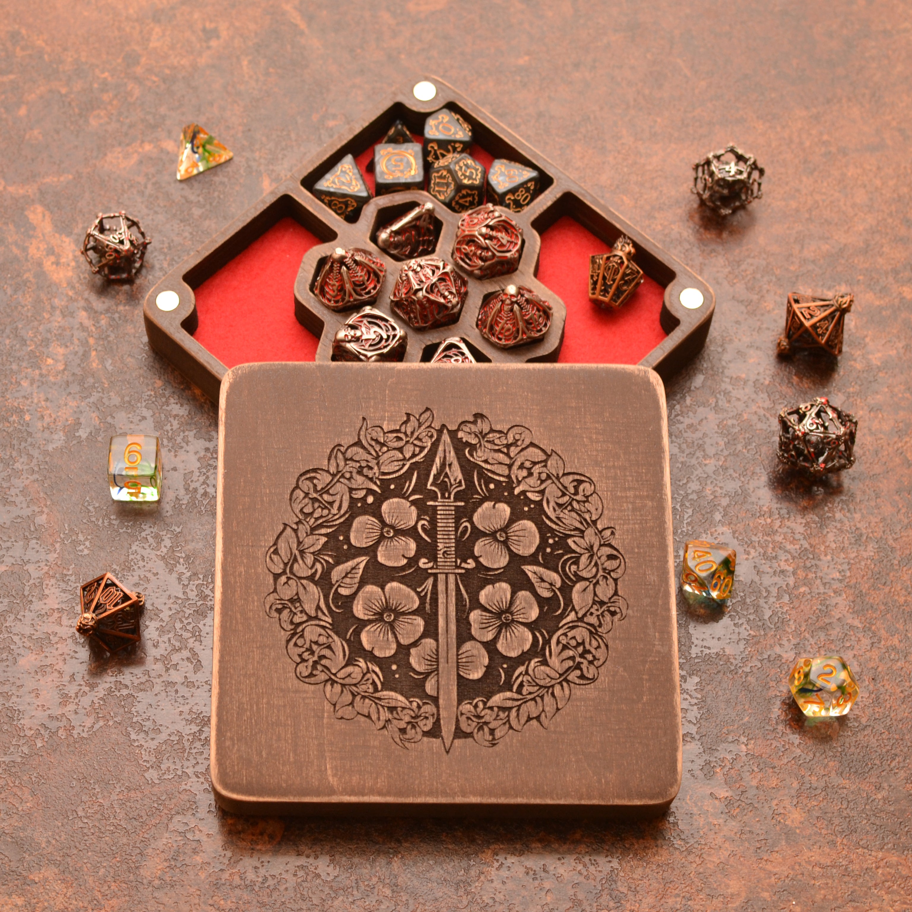 Customized Dnd dice box of wood for multiple sets, 5 sections dice storage