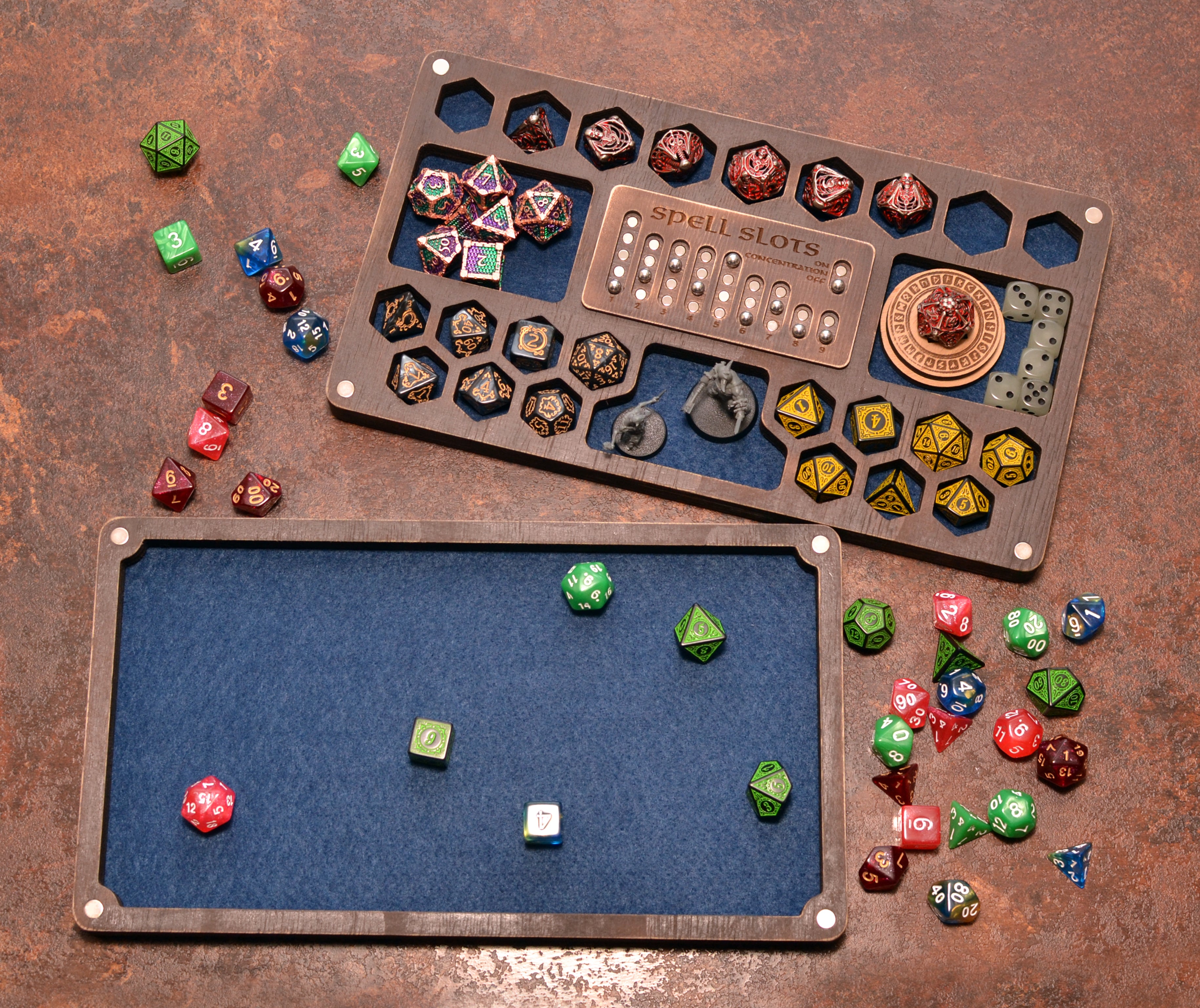 Personalized dice box with magnetic spell slot tracker. Dice box and tray.