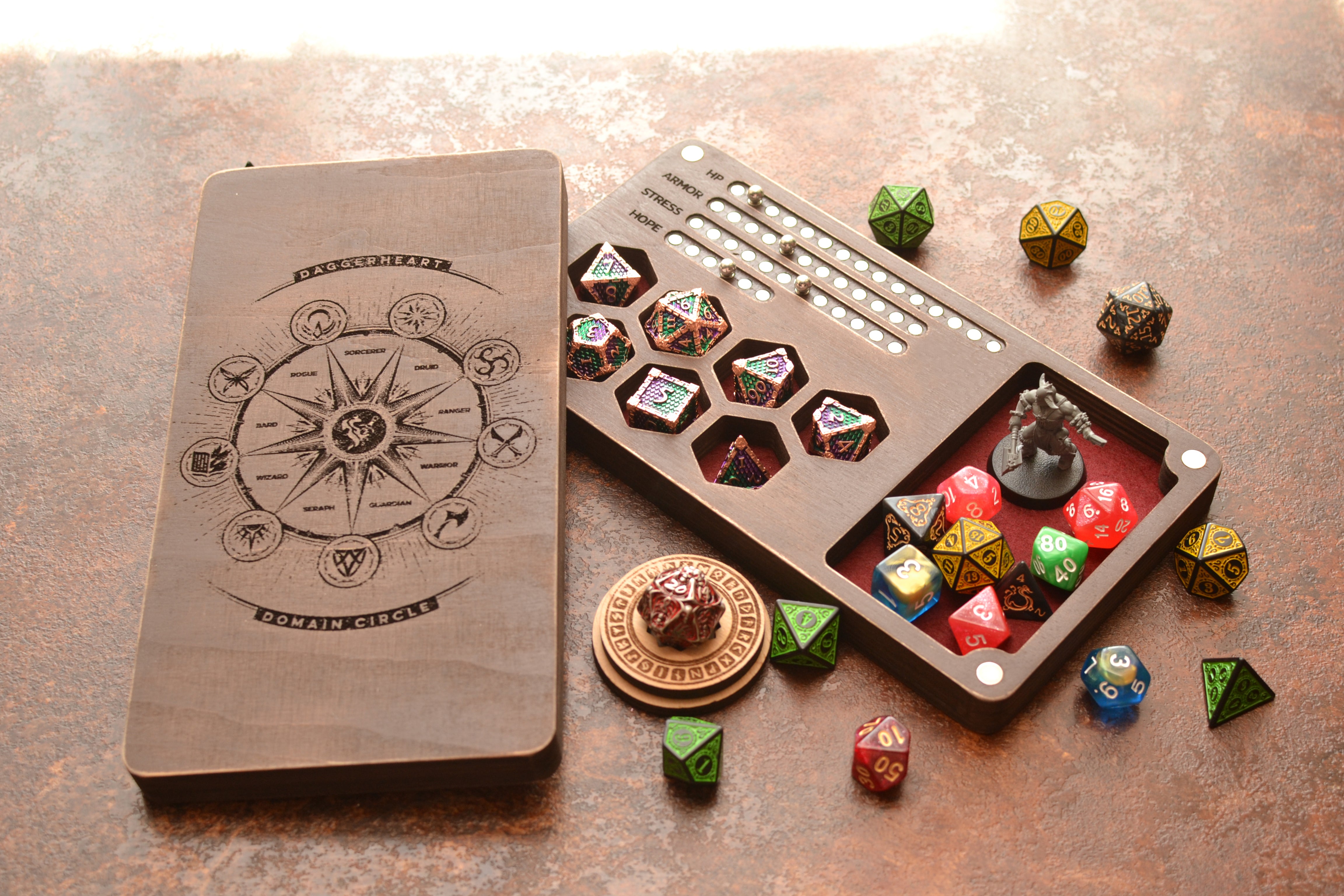 Daggerheart brown wooden dice box and tray with magnetic tracker.