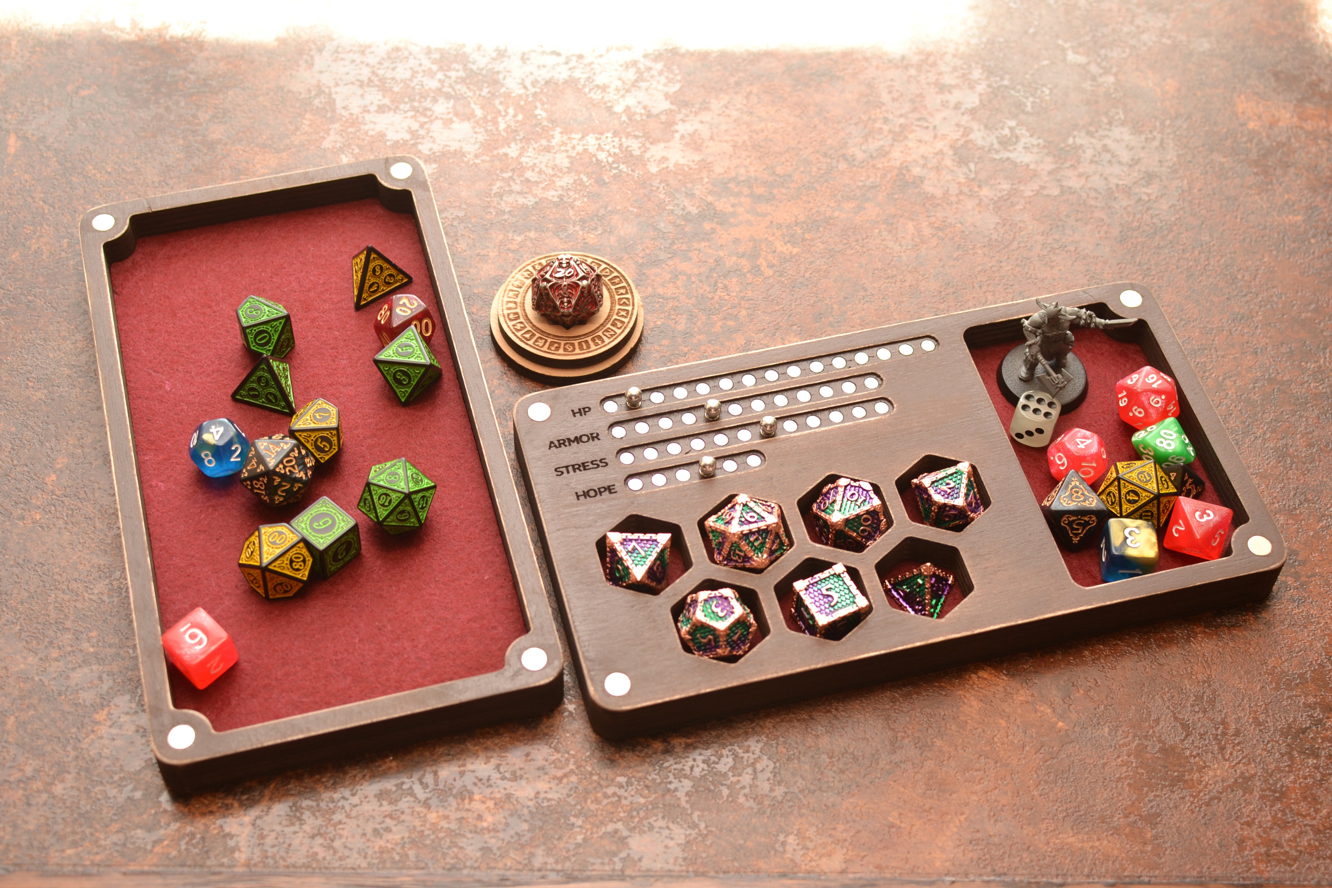 Daggerheart brown wooden dice box and tray with magnetic tracker.