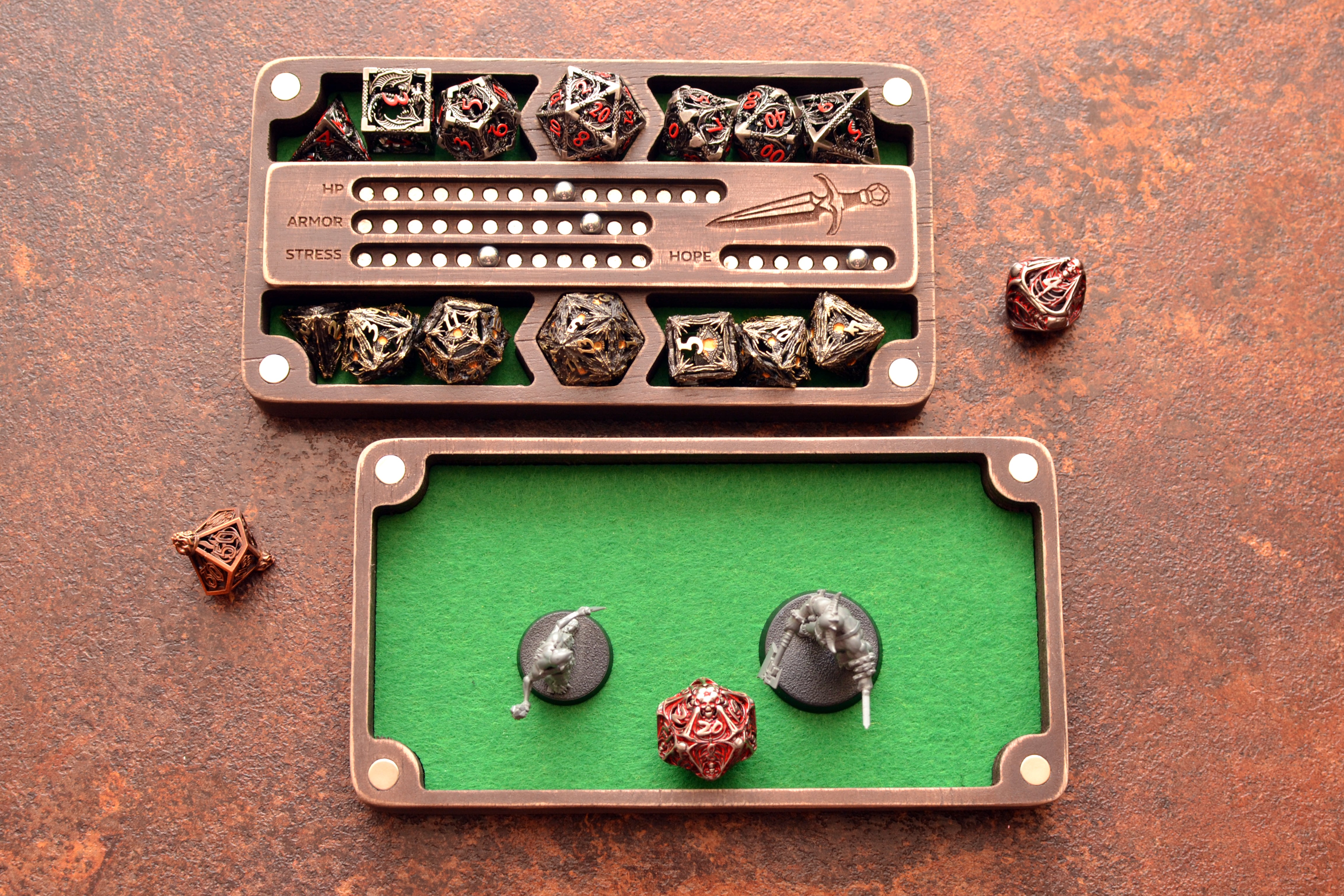 Brown wooden dice box and tray for Daggerheart games with magnetic tracker.