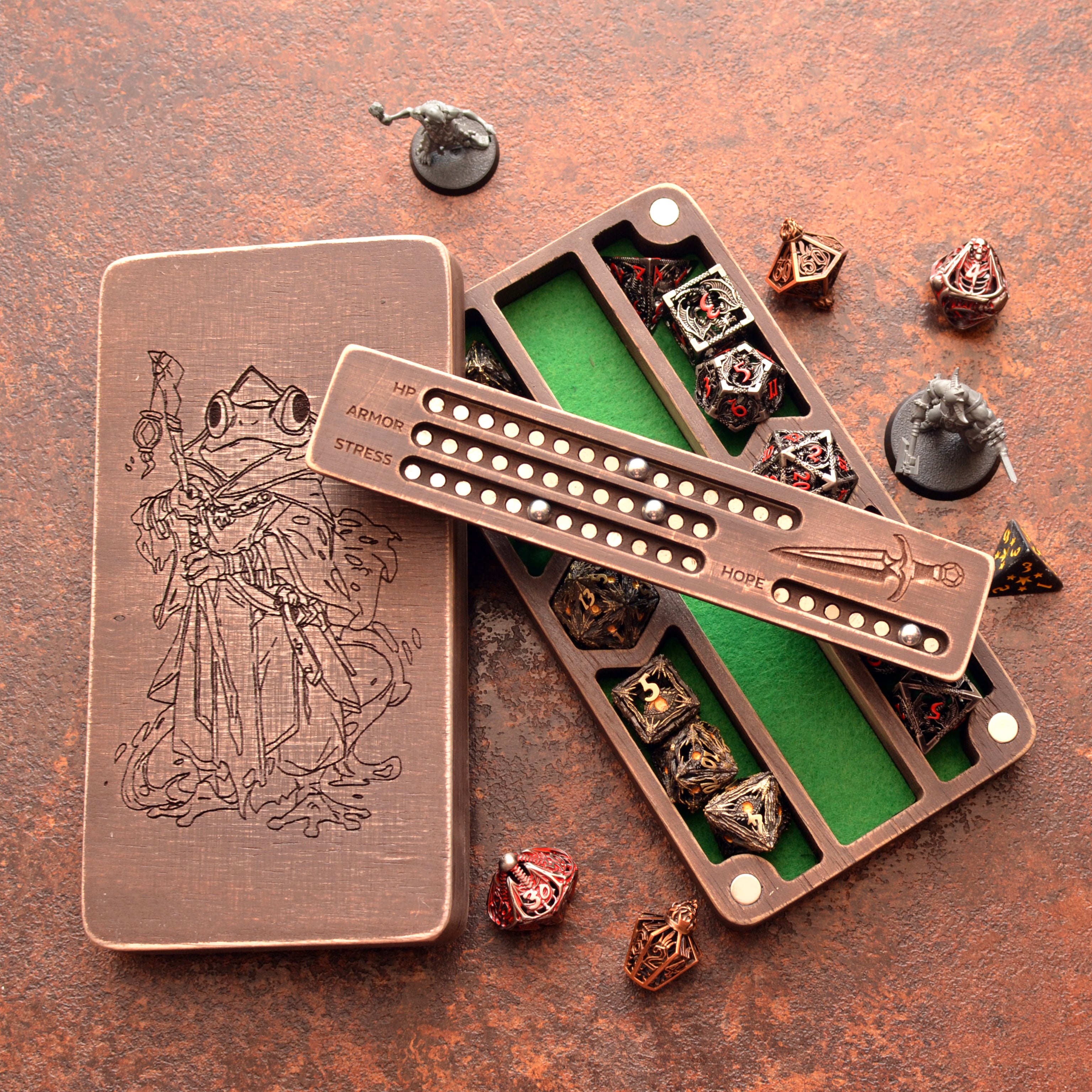 Brown wooden dice box and tray for Daggerheart games with magnetic tracker.
