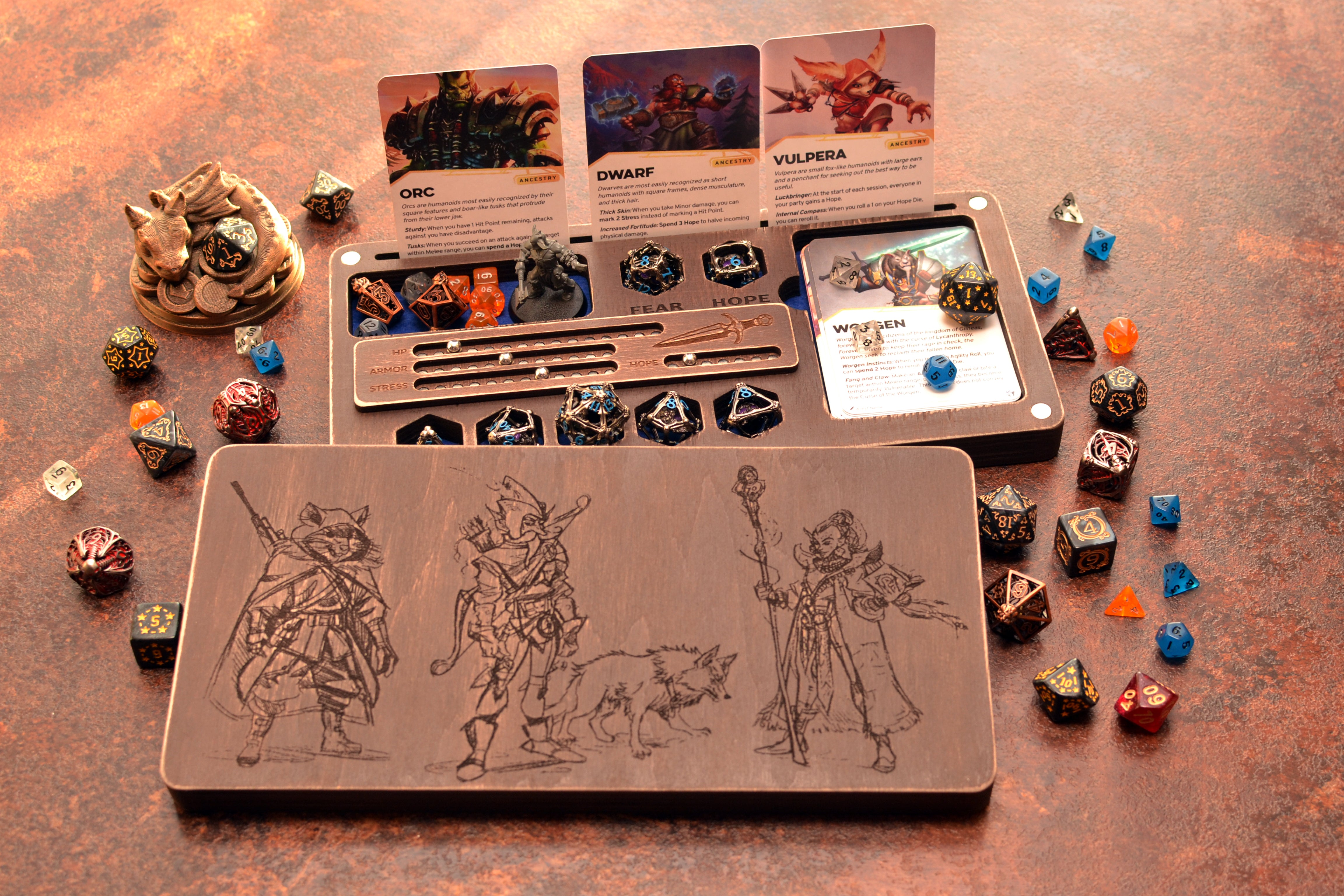 Dice box and tray for Daggerheart. Box with Magnetic Tracker TTRPG
