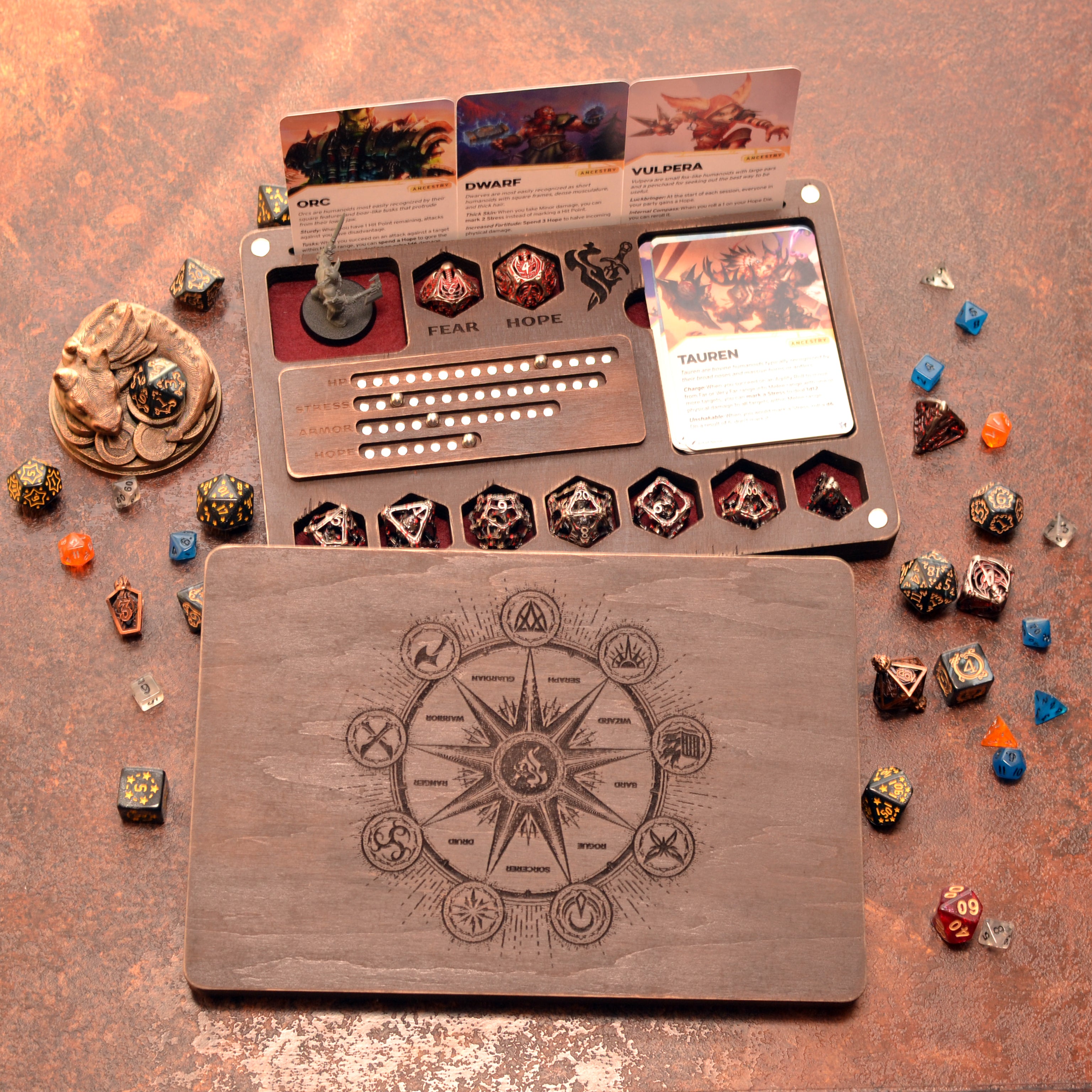 Dice box and tray for Daggerheart with Magnetic Tracker TTRPG