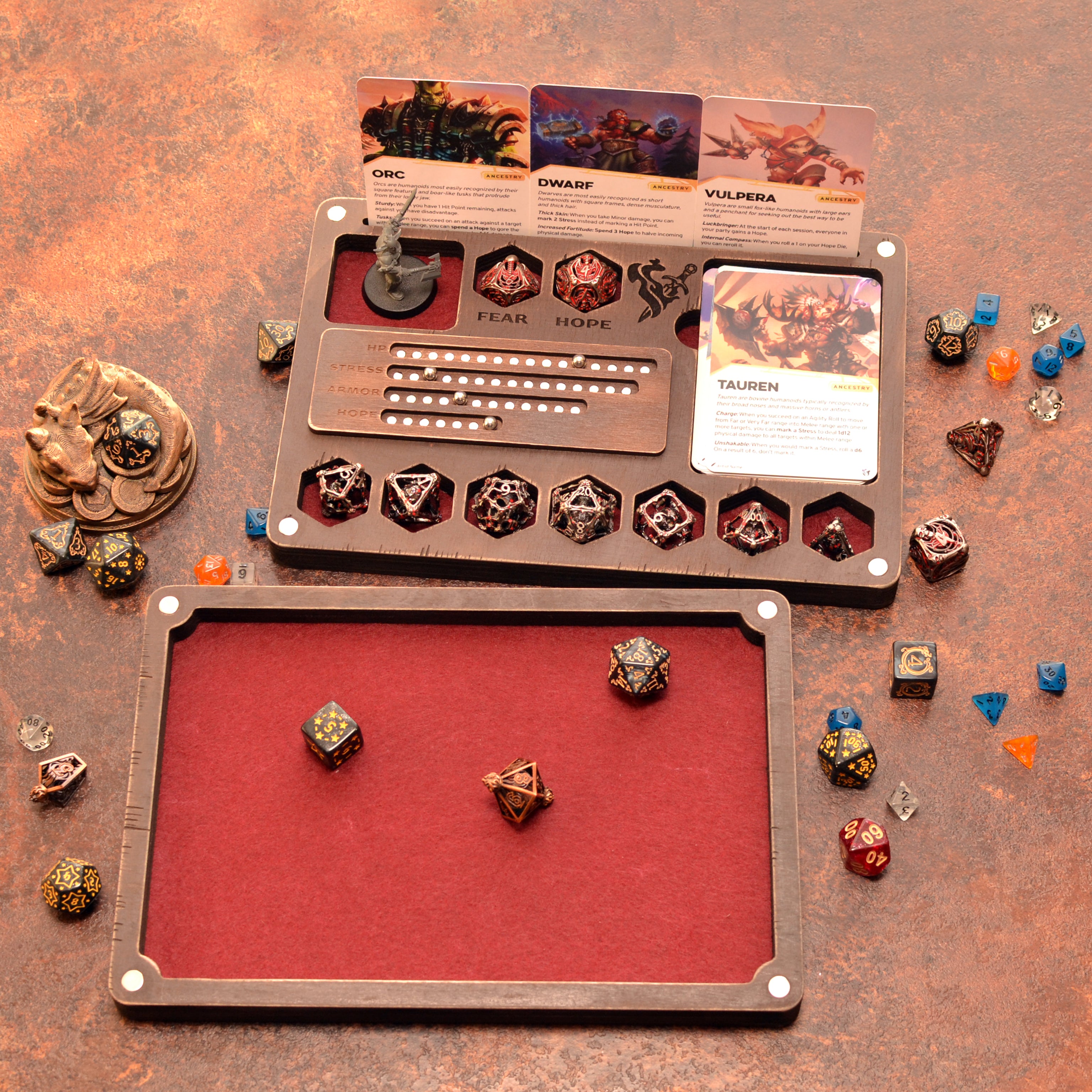 Dice box and tray for Daggerheart with Magnetic Tracker TTRPG