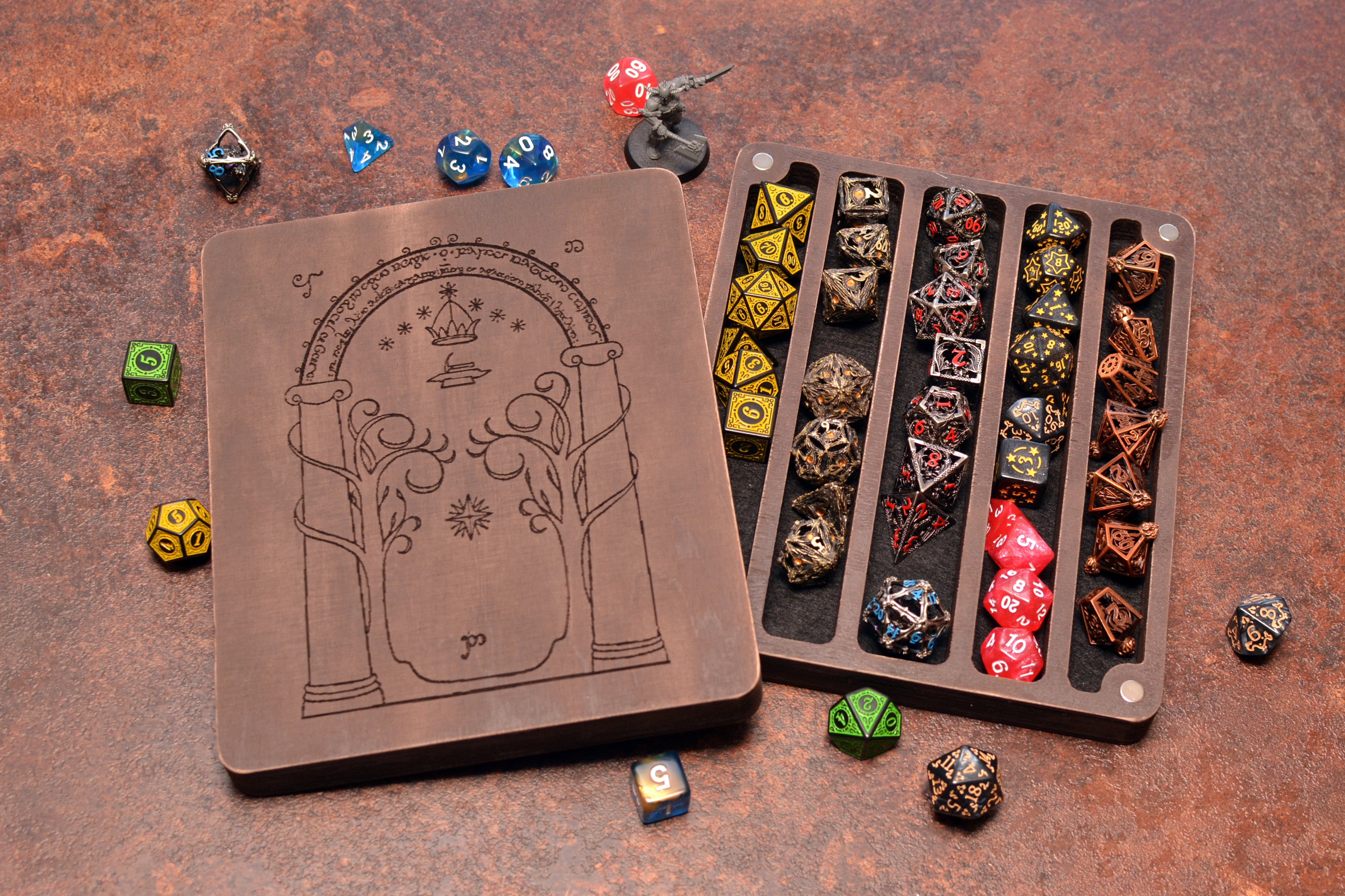Handmade Wood Dice Box Set | Dragon Engraved Lid | Dungeons & Dragons Dice Storage