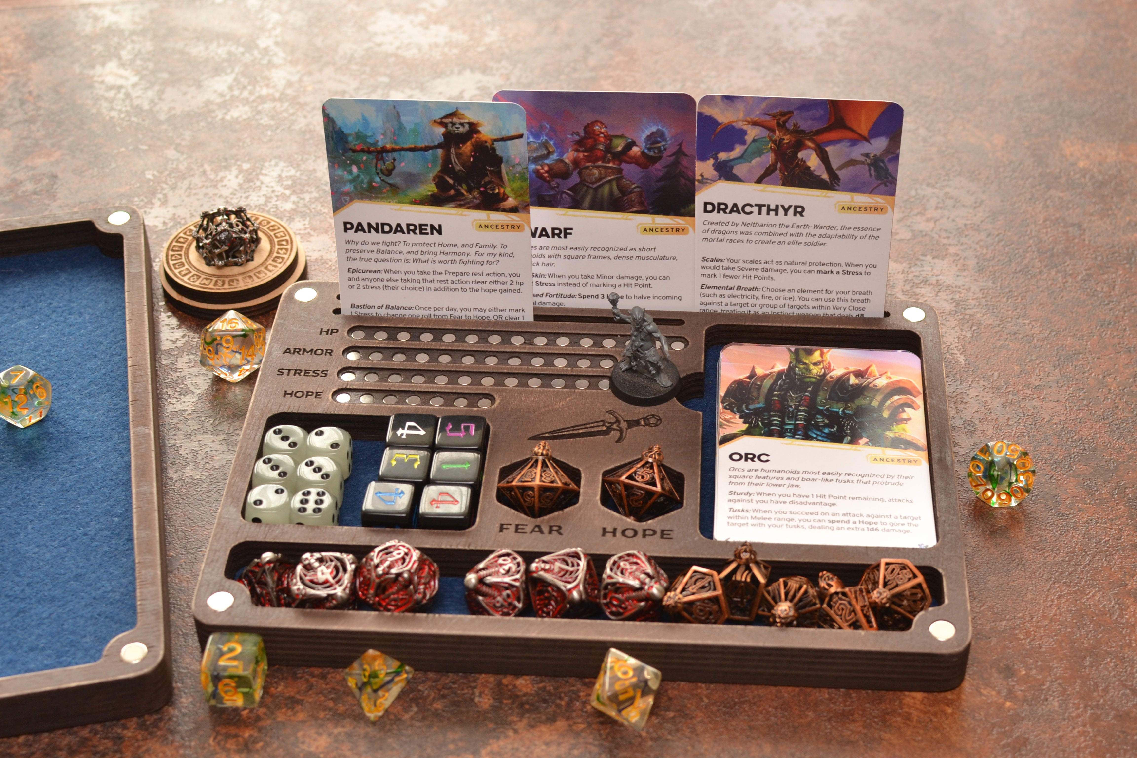 Dice box and tray for Daggerheart games. Box with Magnetic Tracker TTRPG.