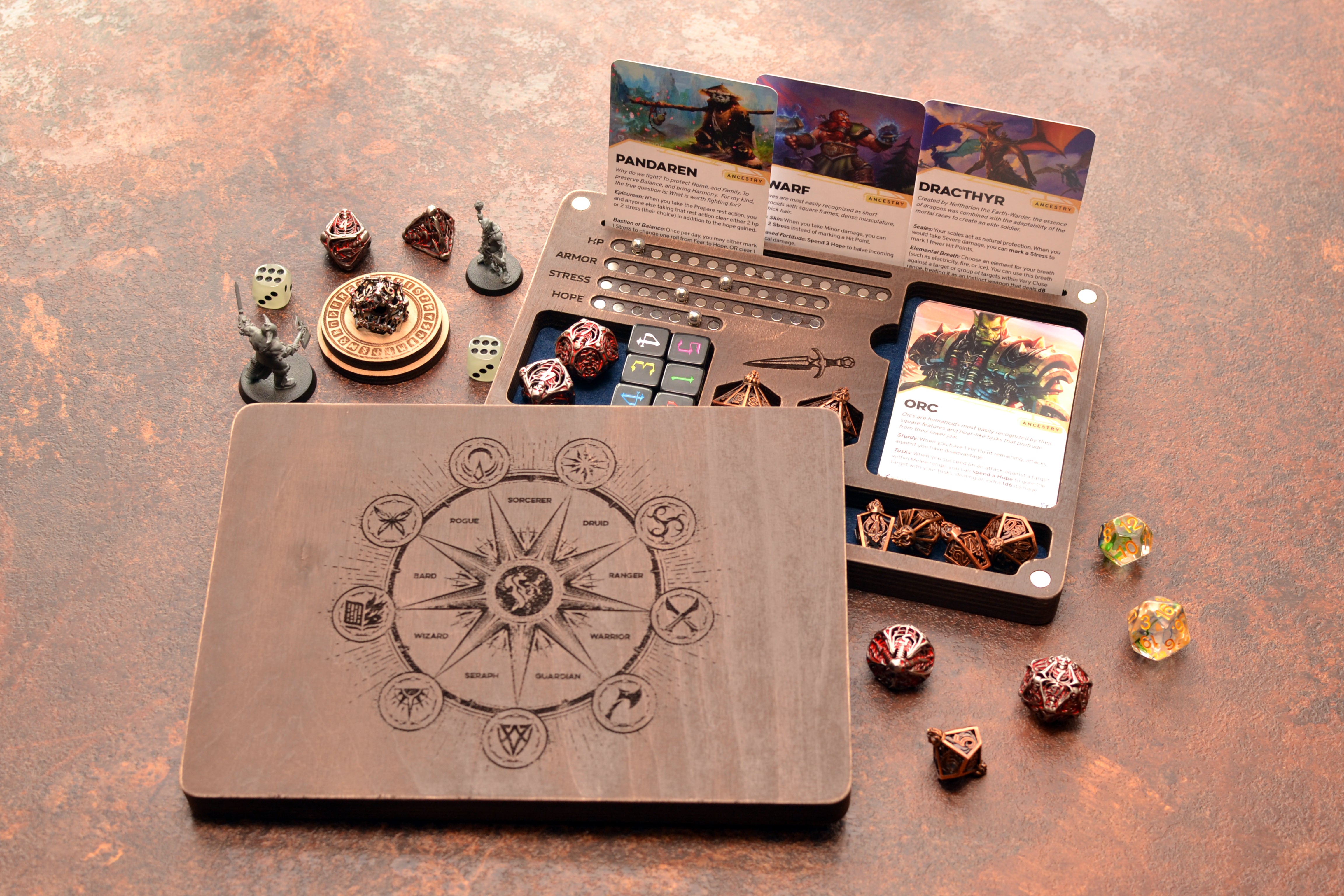 Dice box and tray for Daggerheart games. Box with Magnetic Tracker TTRPG.