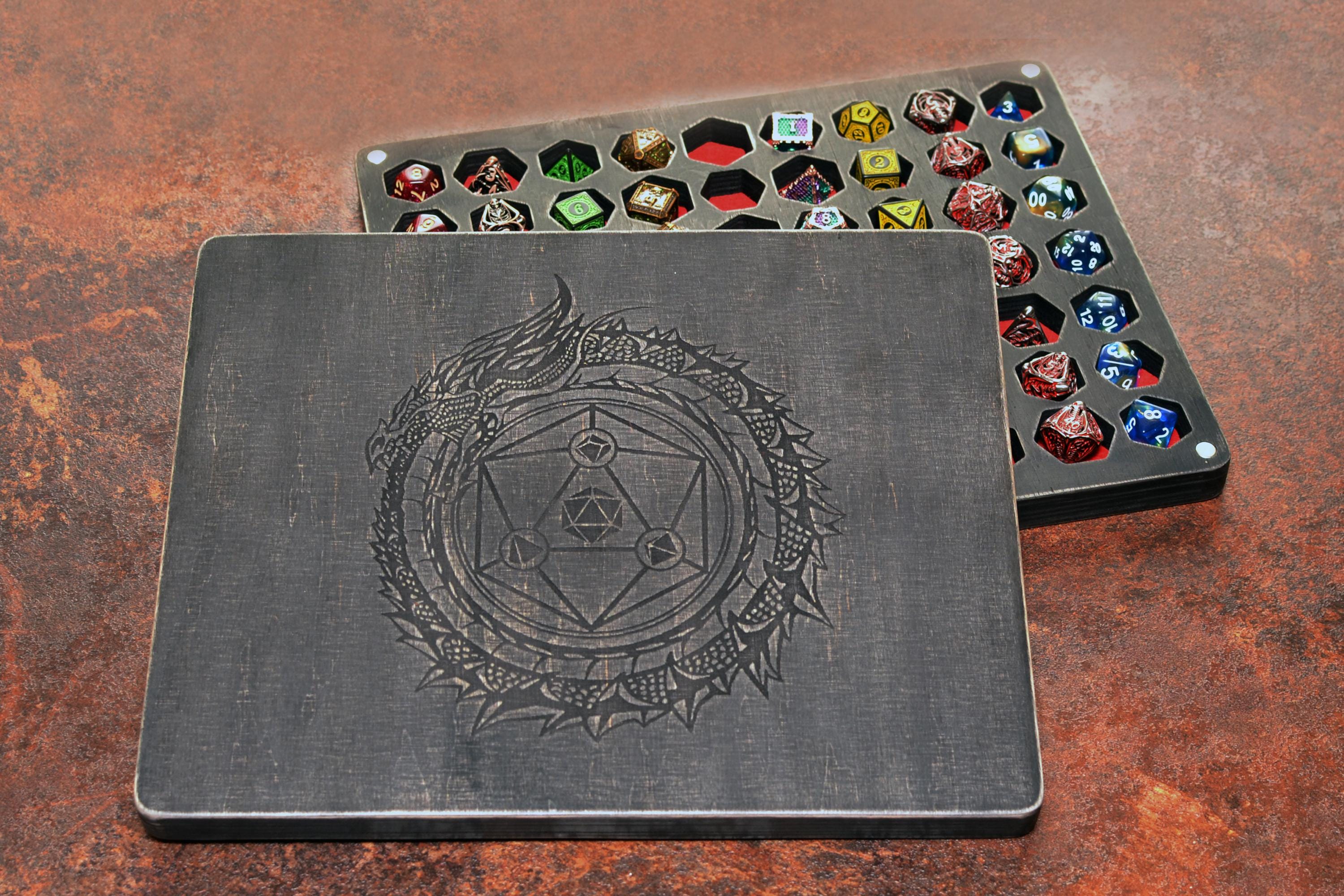 Dungeons and Dragons Dice Holder 9-10 Set - Custom Wood Dice Storage Box - Wyvern RPG Dice Vault